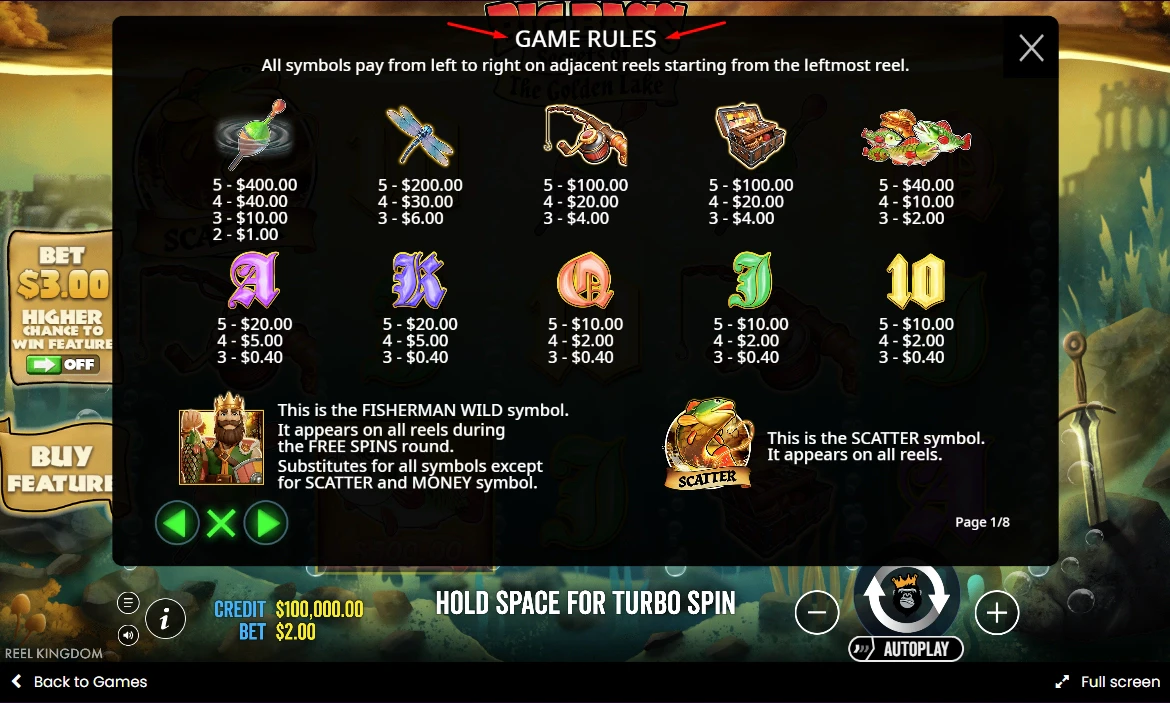 Big Bass Secrets of the Golden Lake Paytable