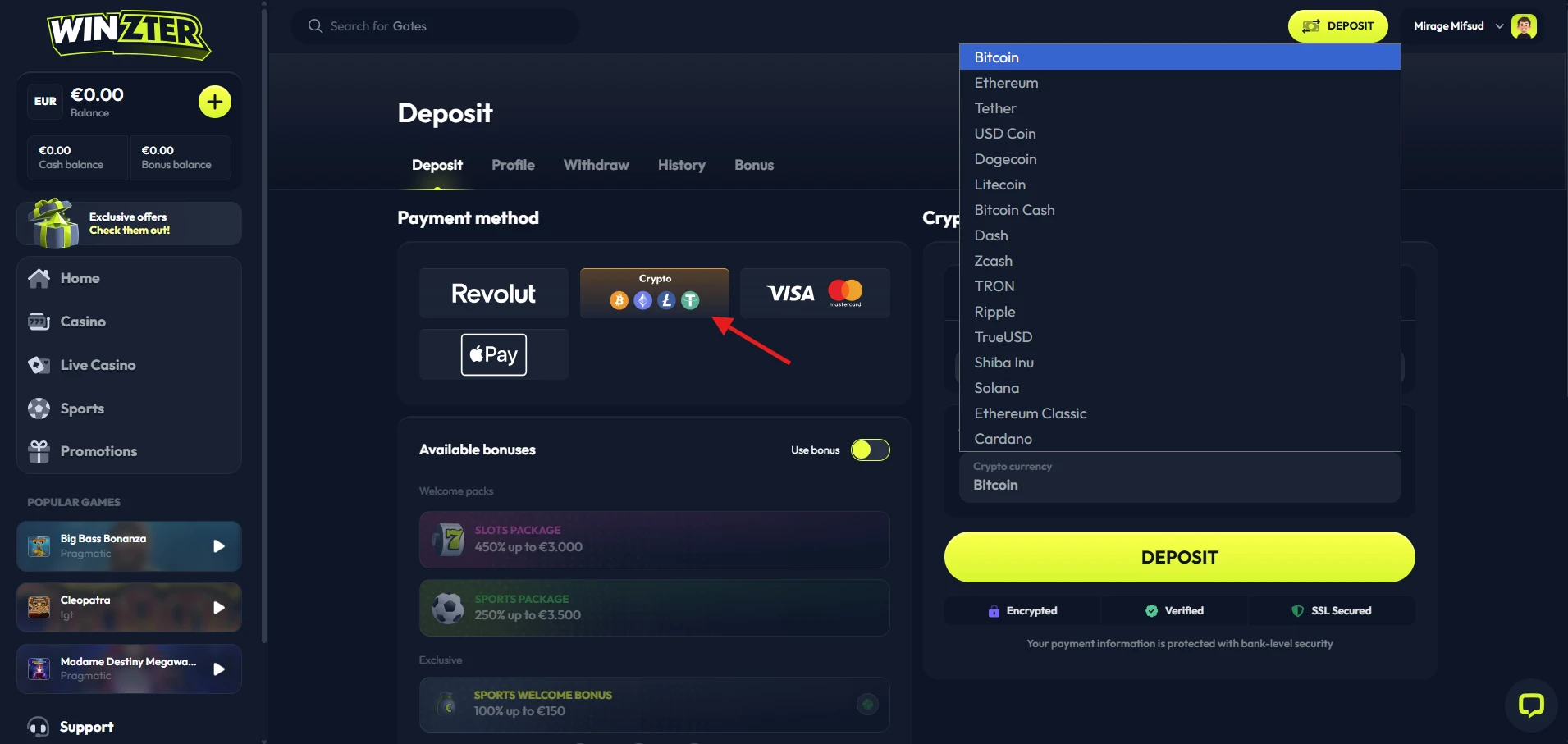 Winzter - Available Cryptocurrencies