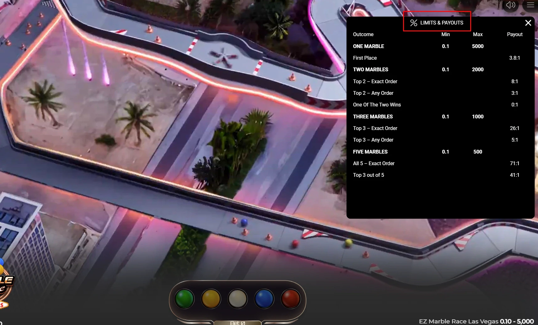 EZ Marble Race Las Vegas Bet Options