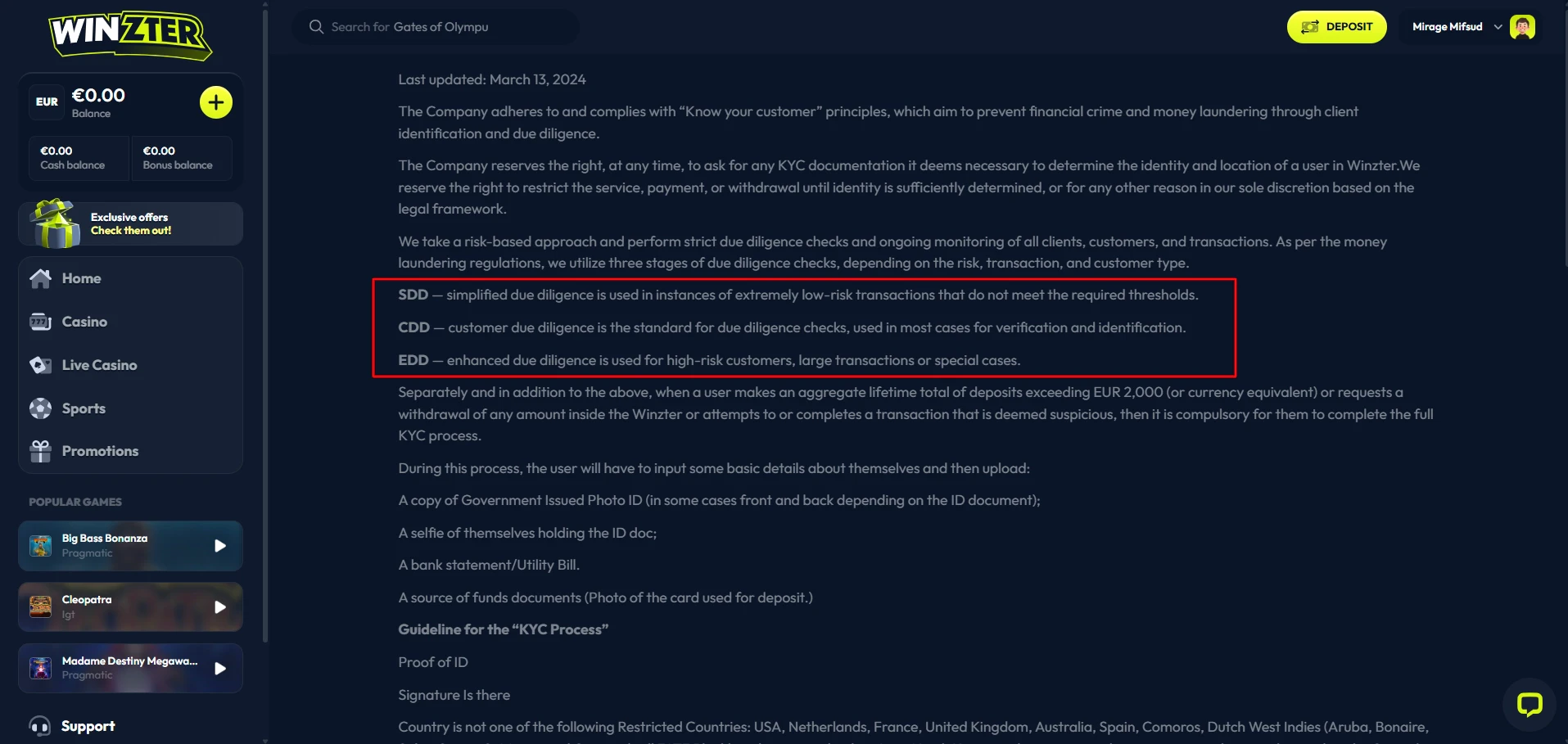Winzter - Different KYC Levels