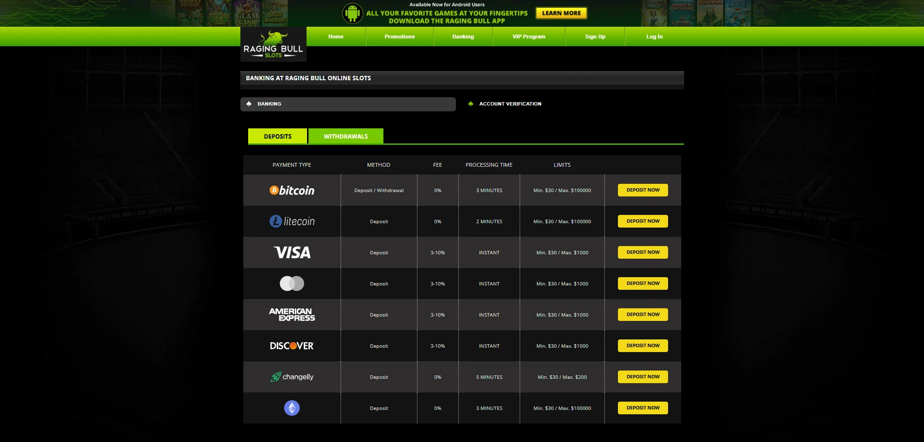 Raging Bull Slots - Payment Methods