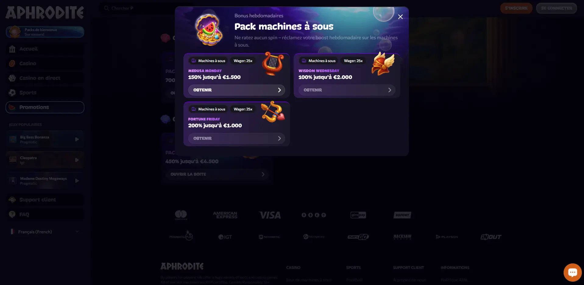 Bonus hebdomadaires Aphrodite Casino