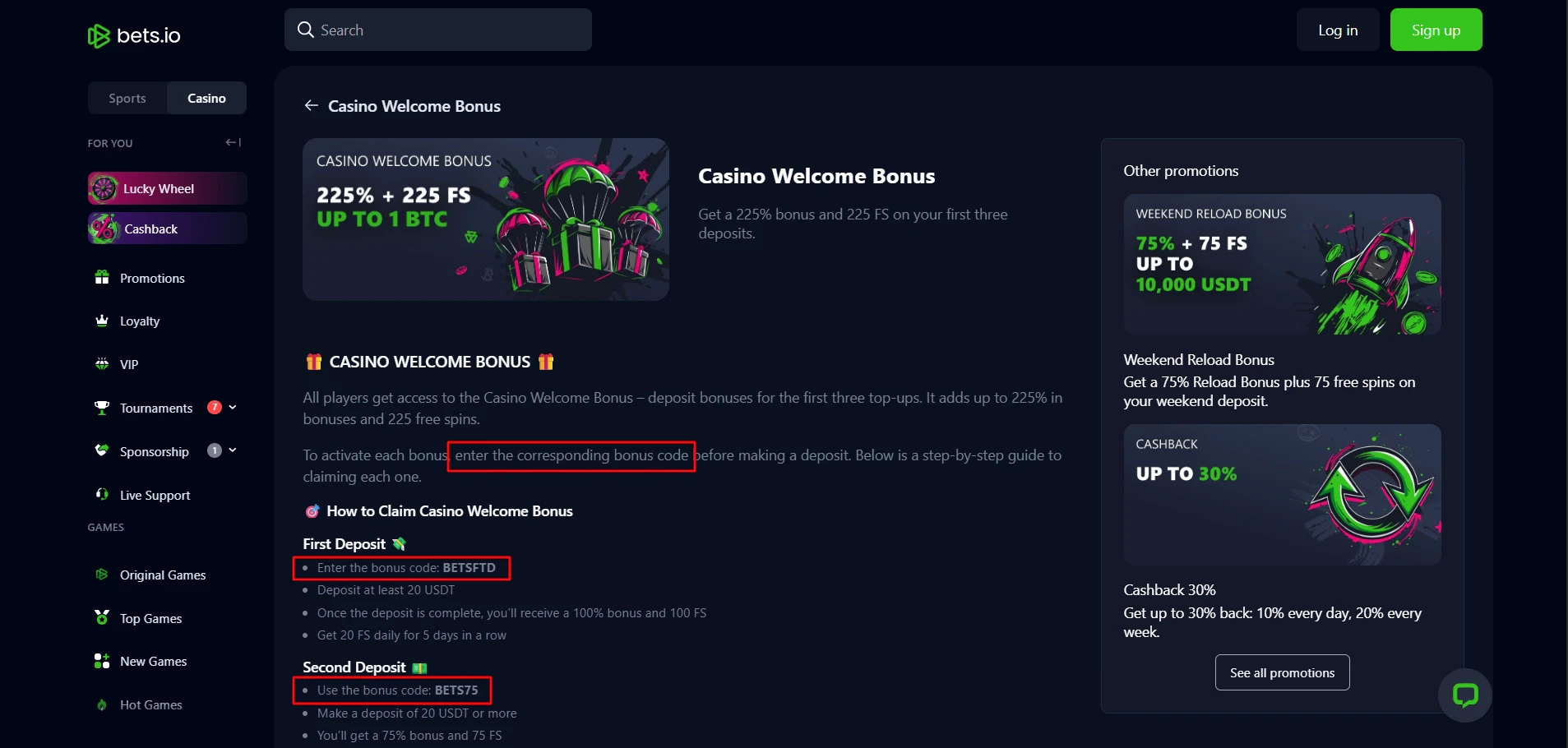 Enter these bonus promo codes when claiming the welcome bonus at Bets.io