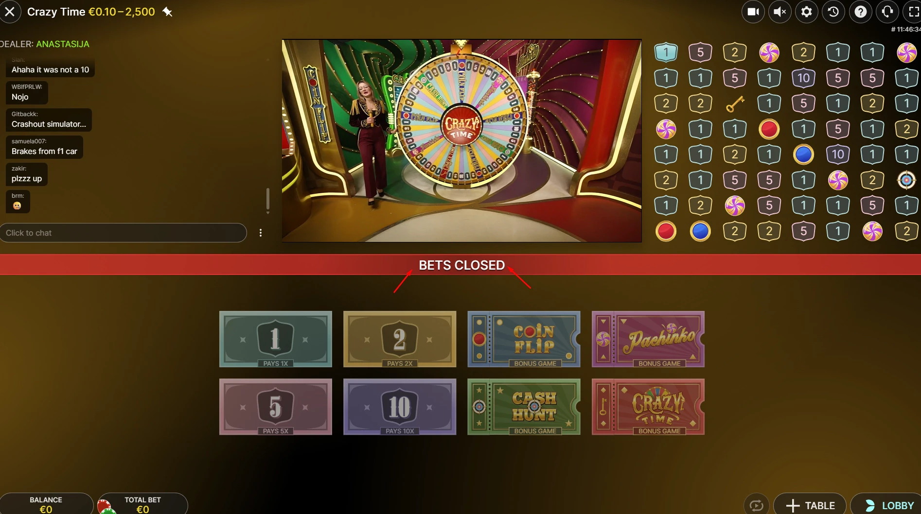 Crazy Time Live User Interface