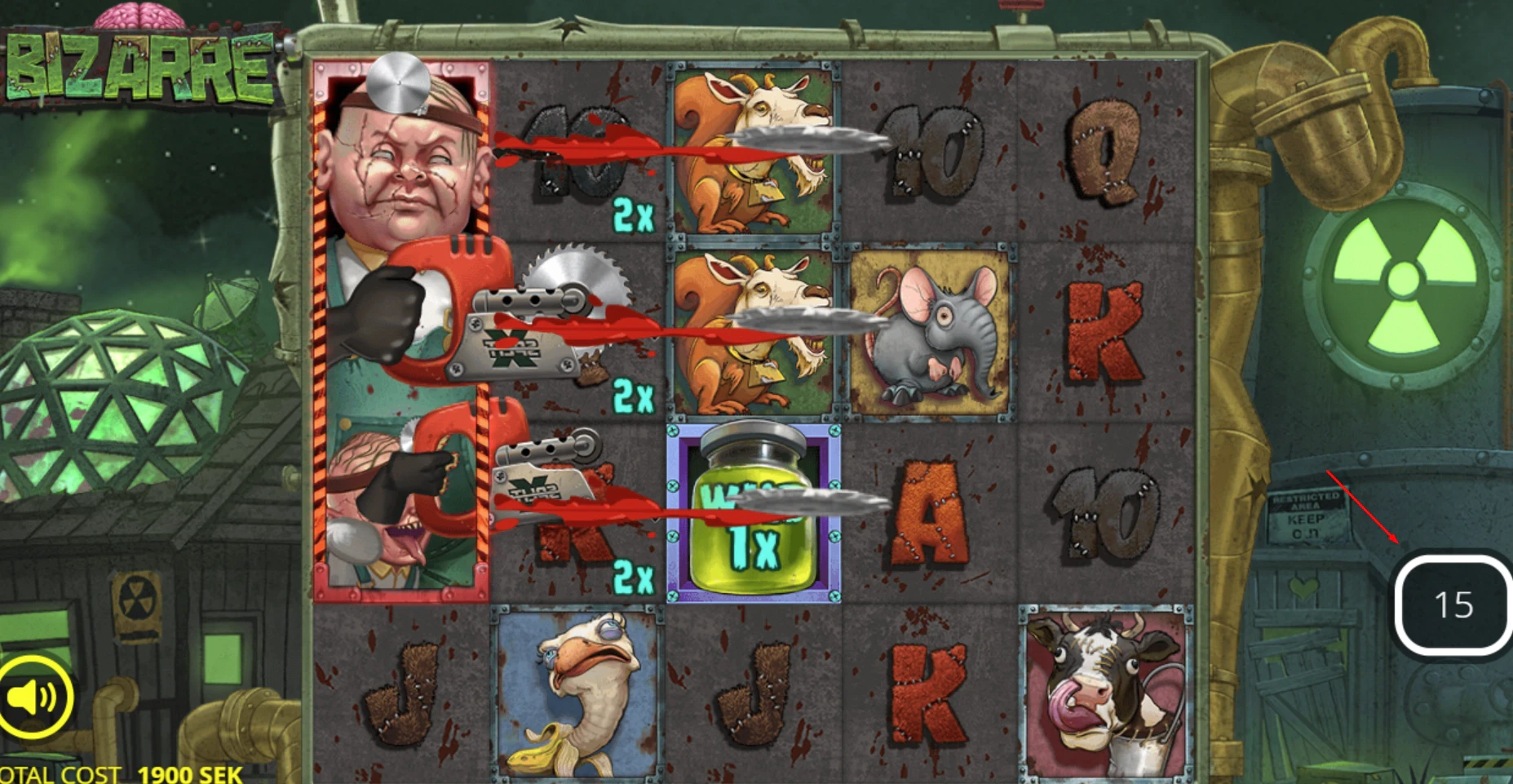 The free spins bonus round triggered in the Bizarre slot