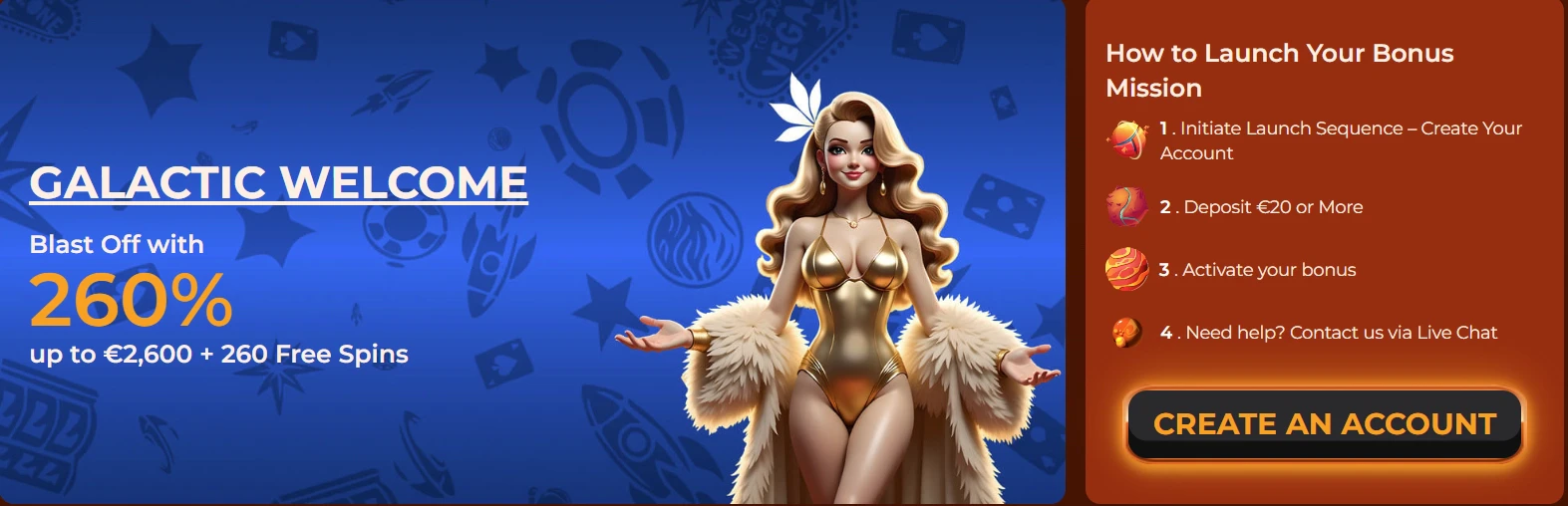 Standard welcome package offer detailing the bonus match and free spins