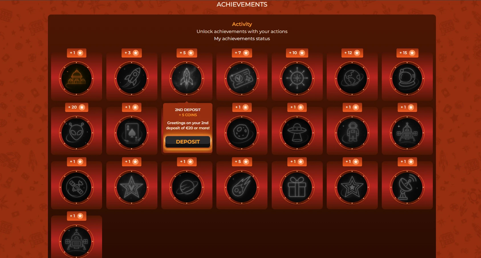 Achievements page showing an example of a deposit