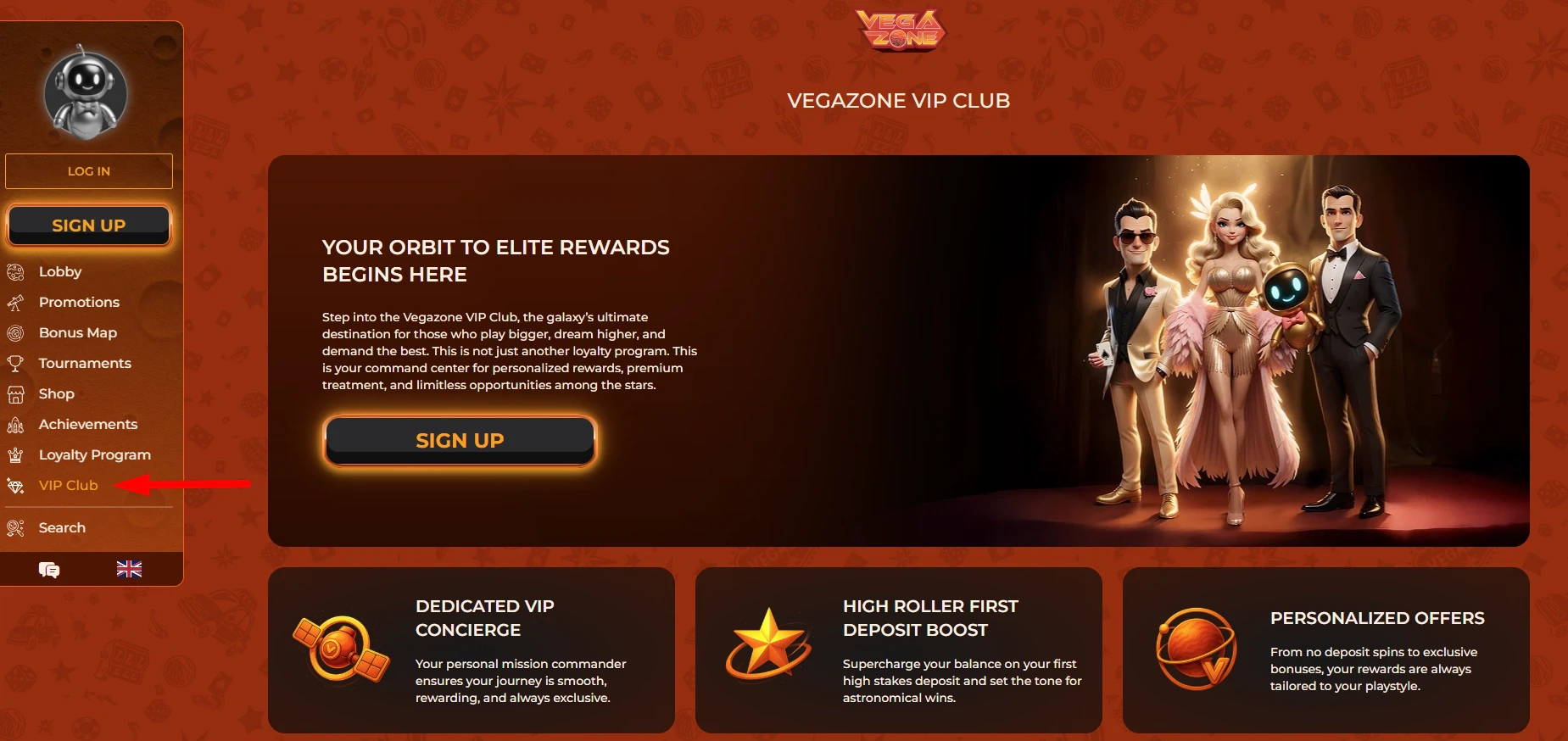 VIP club status breakdown showing some of the benefits