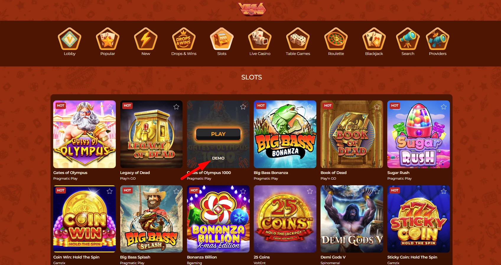 Close up of slot game card showing demo play text on hover