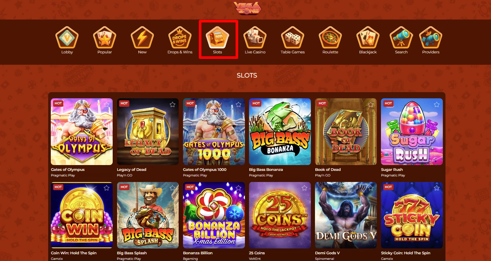 Main slots category page with red rectangle indicating the navigation tab