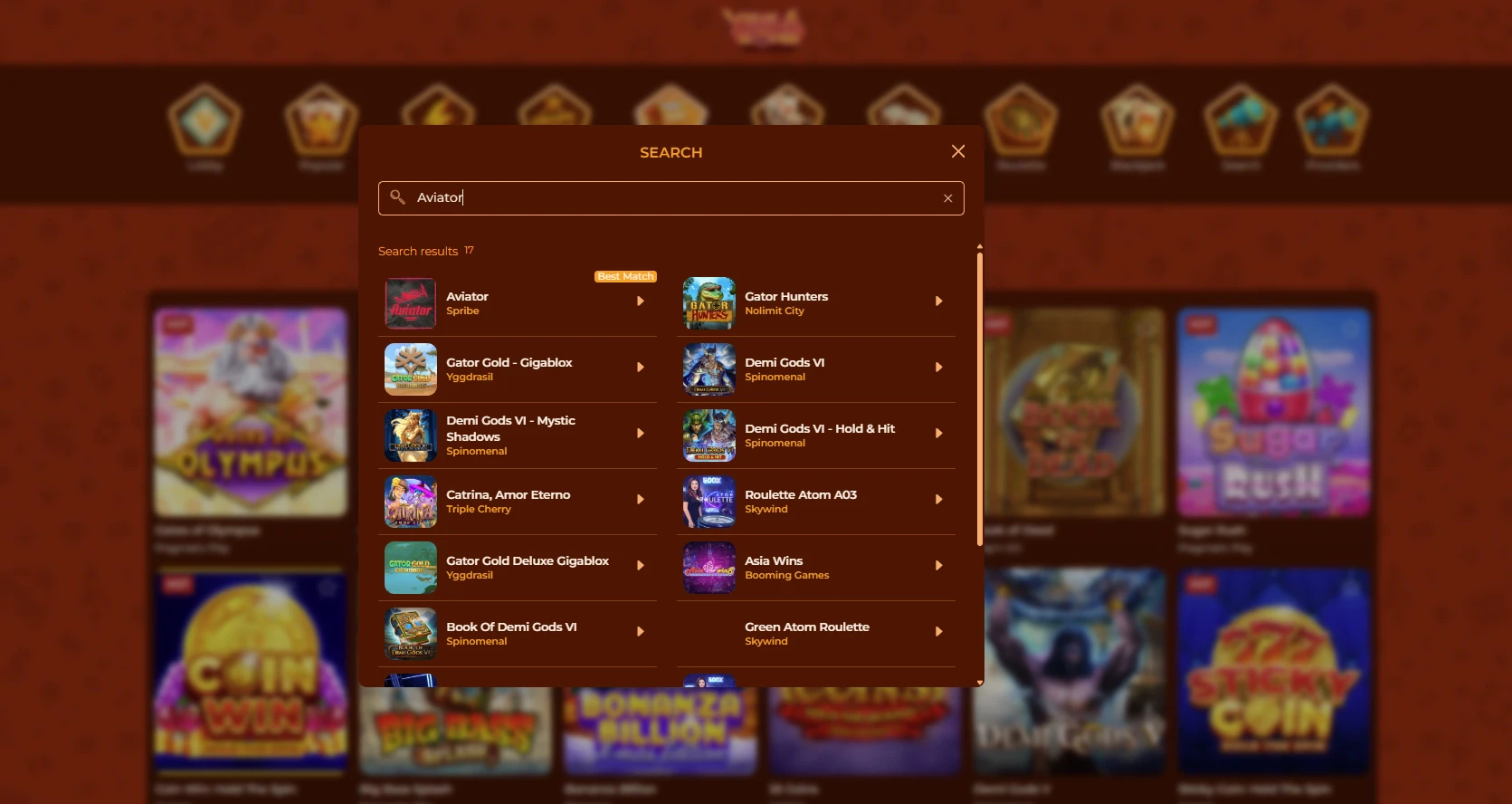 The search bar results showing instant games like aviator
