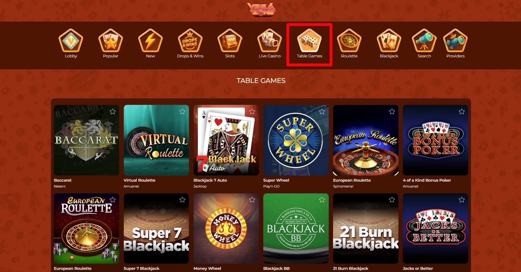 Table games section featuring versions of blackjack poker and baccarat