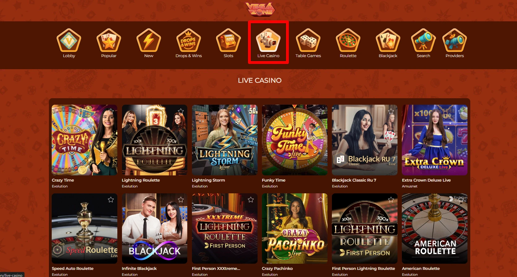 The live casino lobby displaying active dealer tables