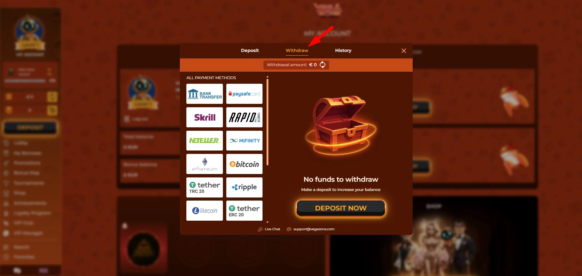 Withdrawal request screen showing limits and payment methods available for players