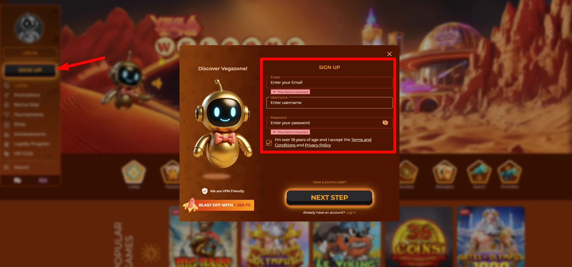 Pop up registration window for creating a new Vegazone player account