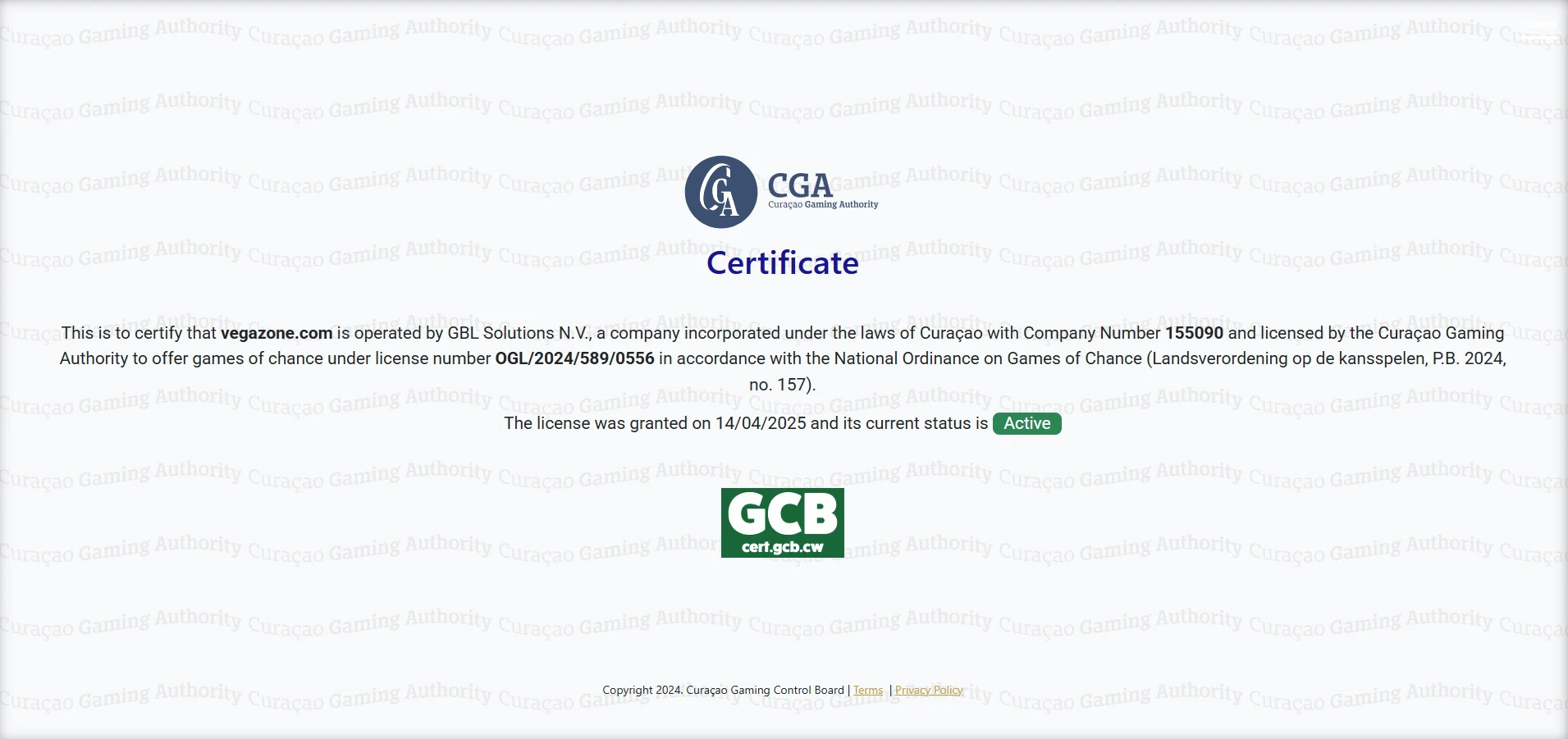 Validation seal proving GBL solutions NV Curacao gaming license status