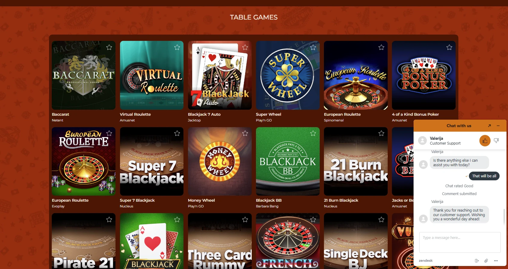 Live chat customer support window active on the Vegazone casino website