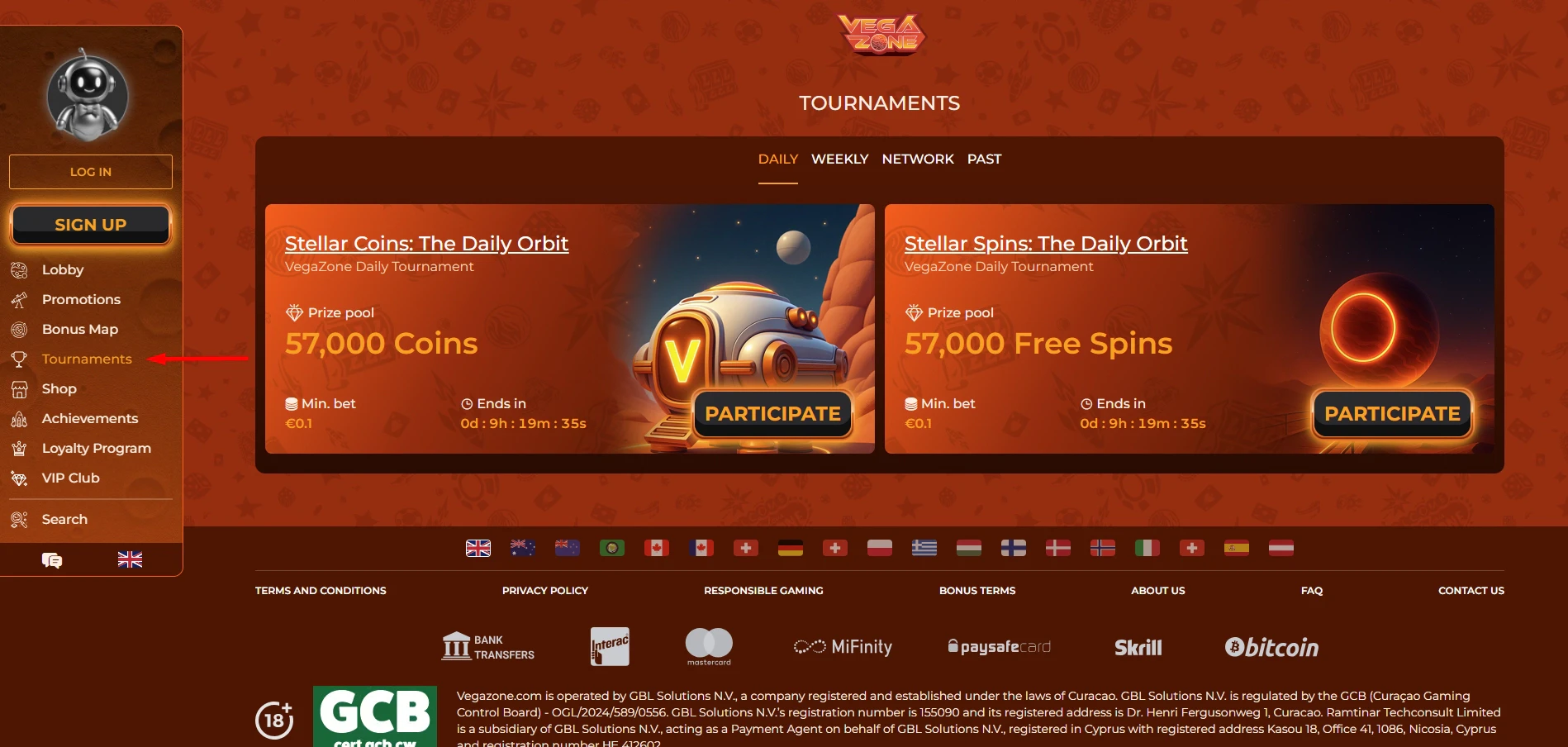 Daily tournament section at vegazone showing two active tournaments