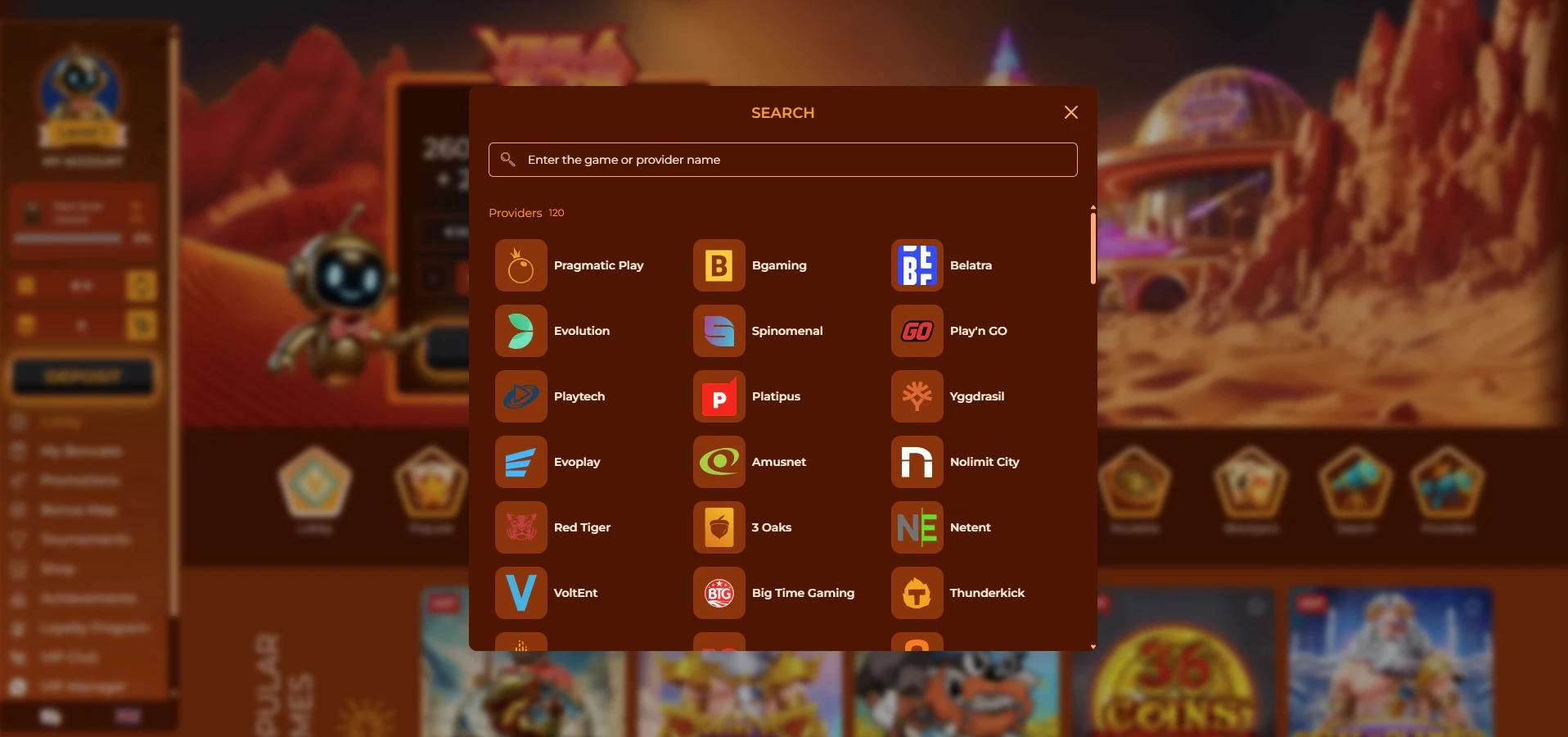 List of providers at Vegazone highlighting over 120 providers