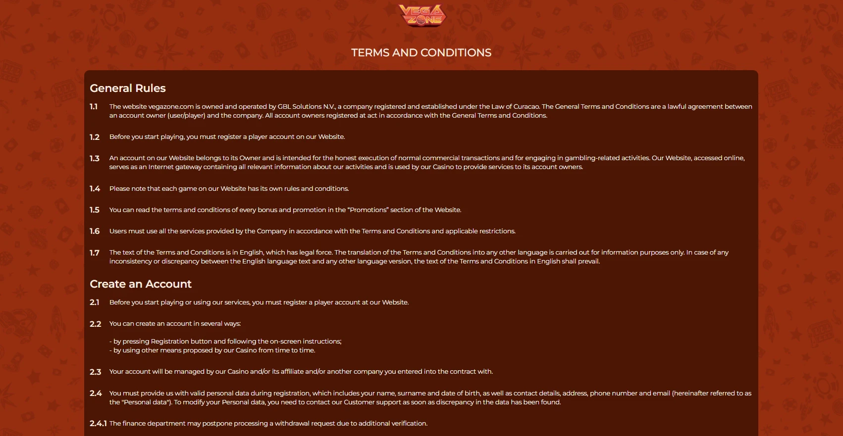 The official terms and conditions page at the Vegazone casino
