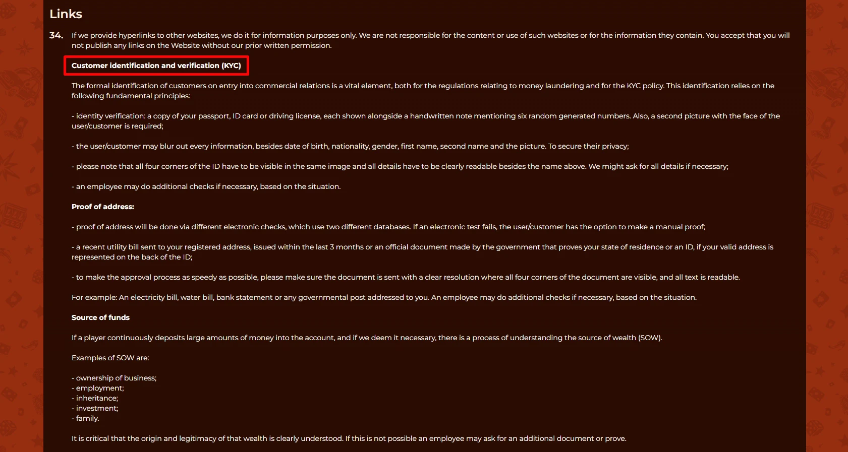 The KYC verification information in the terms and conditions at Vegazone