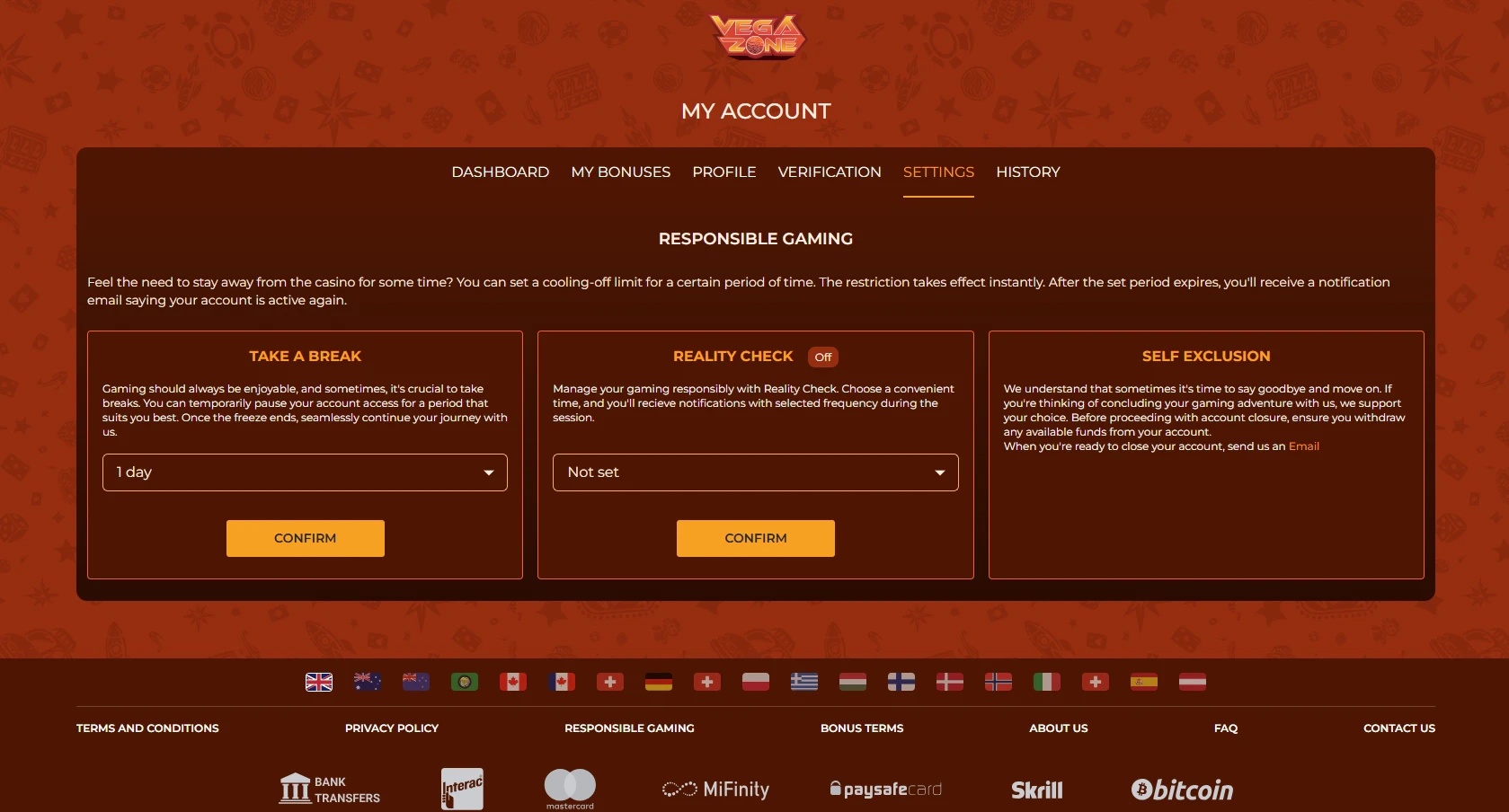 Vegazone responsible gaming settings with take a break and reality check