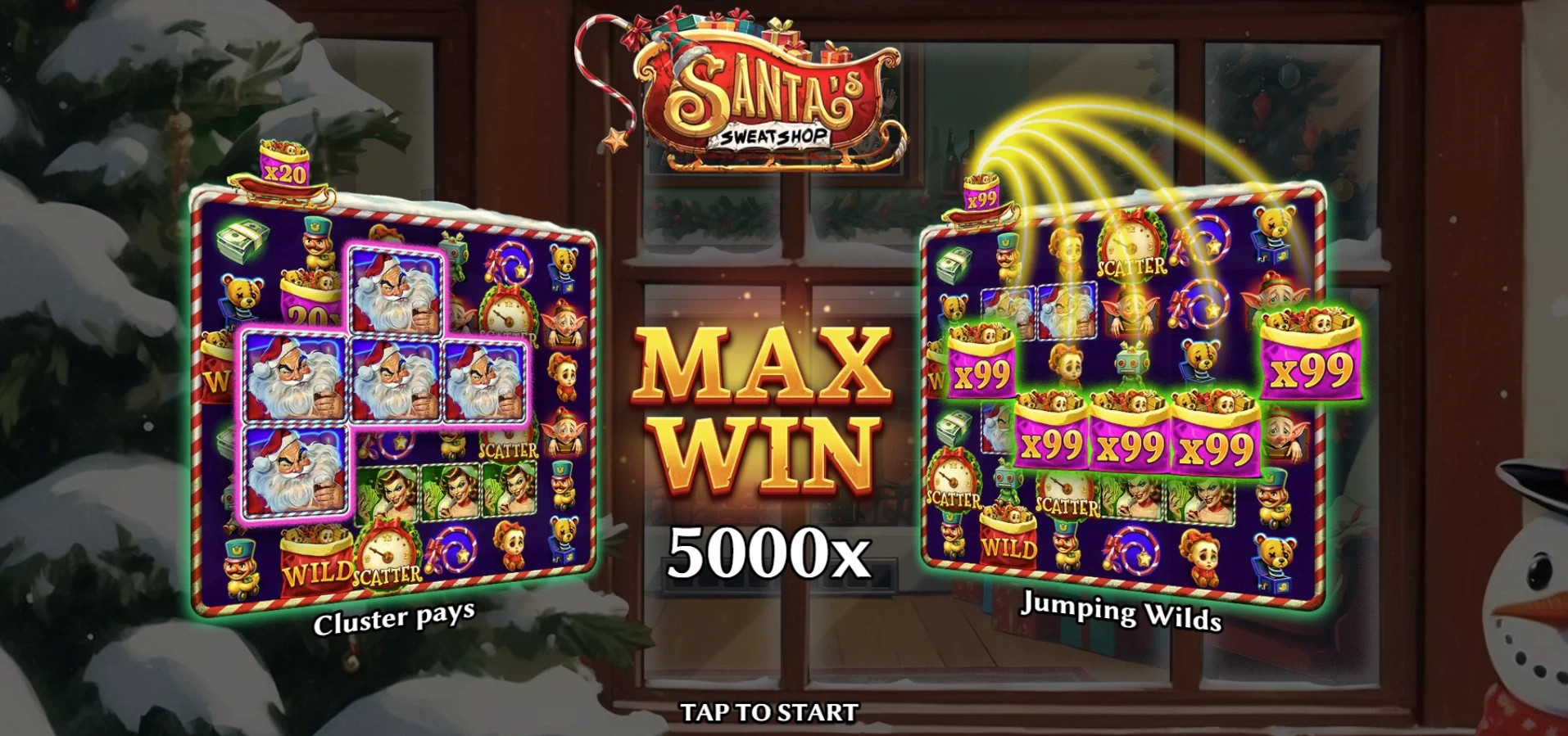 Santa's Sweatshop by Trifecta Gaming - load-screen showing the slot's features