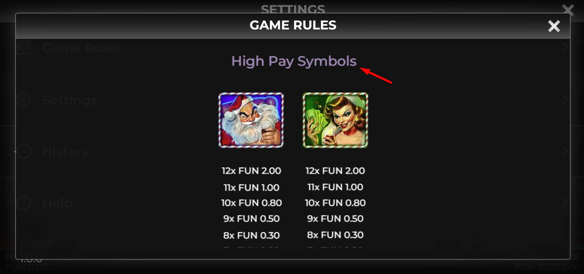 Santa's Sweatshop by Trifecta Gaming - showing the high pay symbols in the paytable