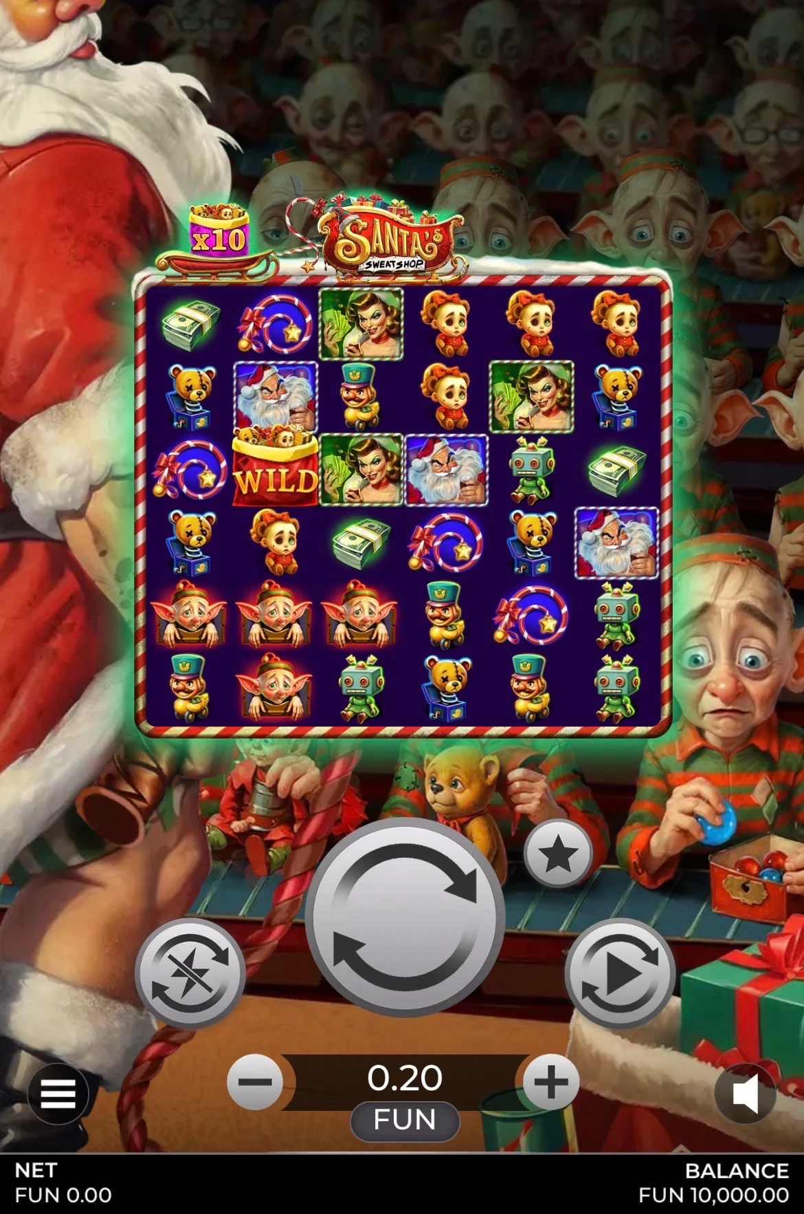 Santa's Sweatshop by Trifecta Gaming - mobile view of the main game grid