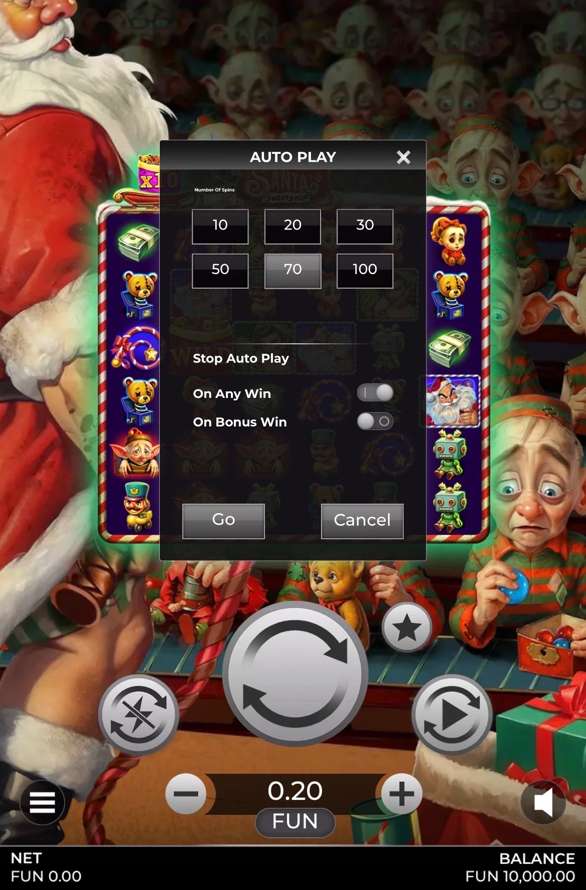 Santa's Sweatshop mobile setting up automatic spins and win limits in options menu