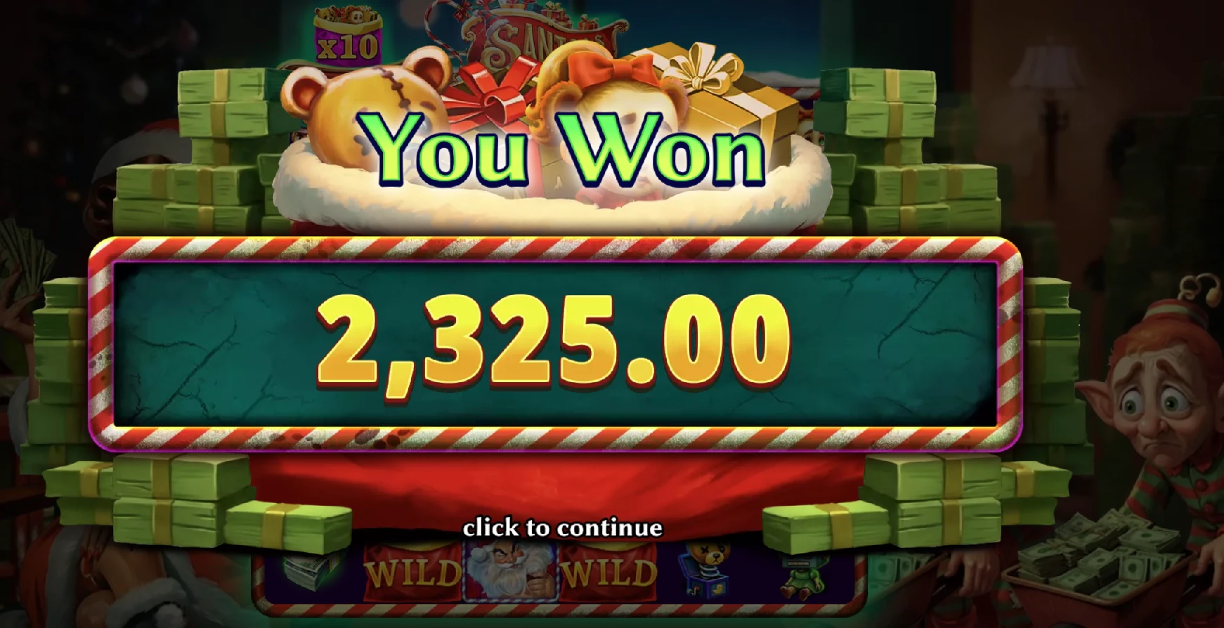 Santa's Sweatshop by Trifecta Gaming depicting a big win during bonus round