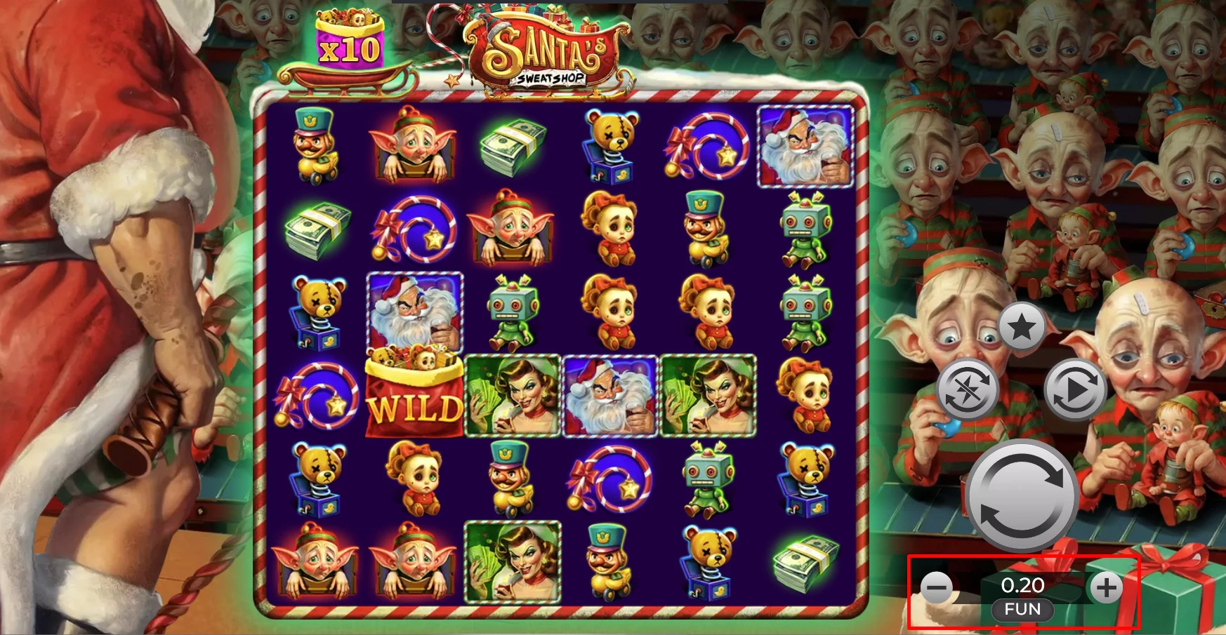 Santa's Sweatshop red rectangle showing the betting buttons to increase or decrease