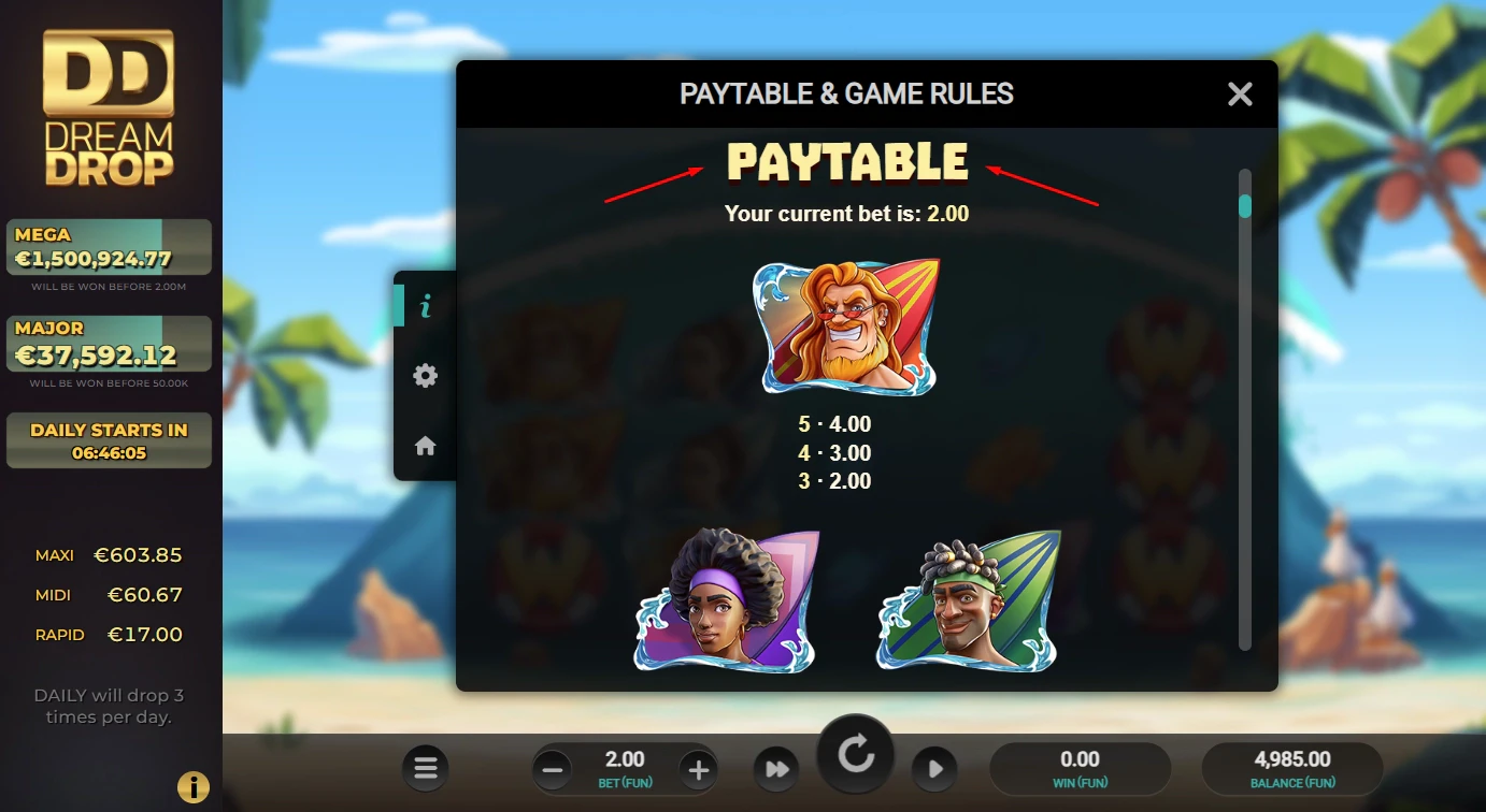 Paytable of Cowabunga Dream Drop slot by Relax Gaming