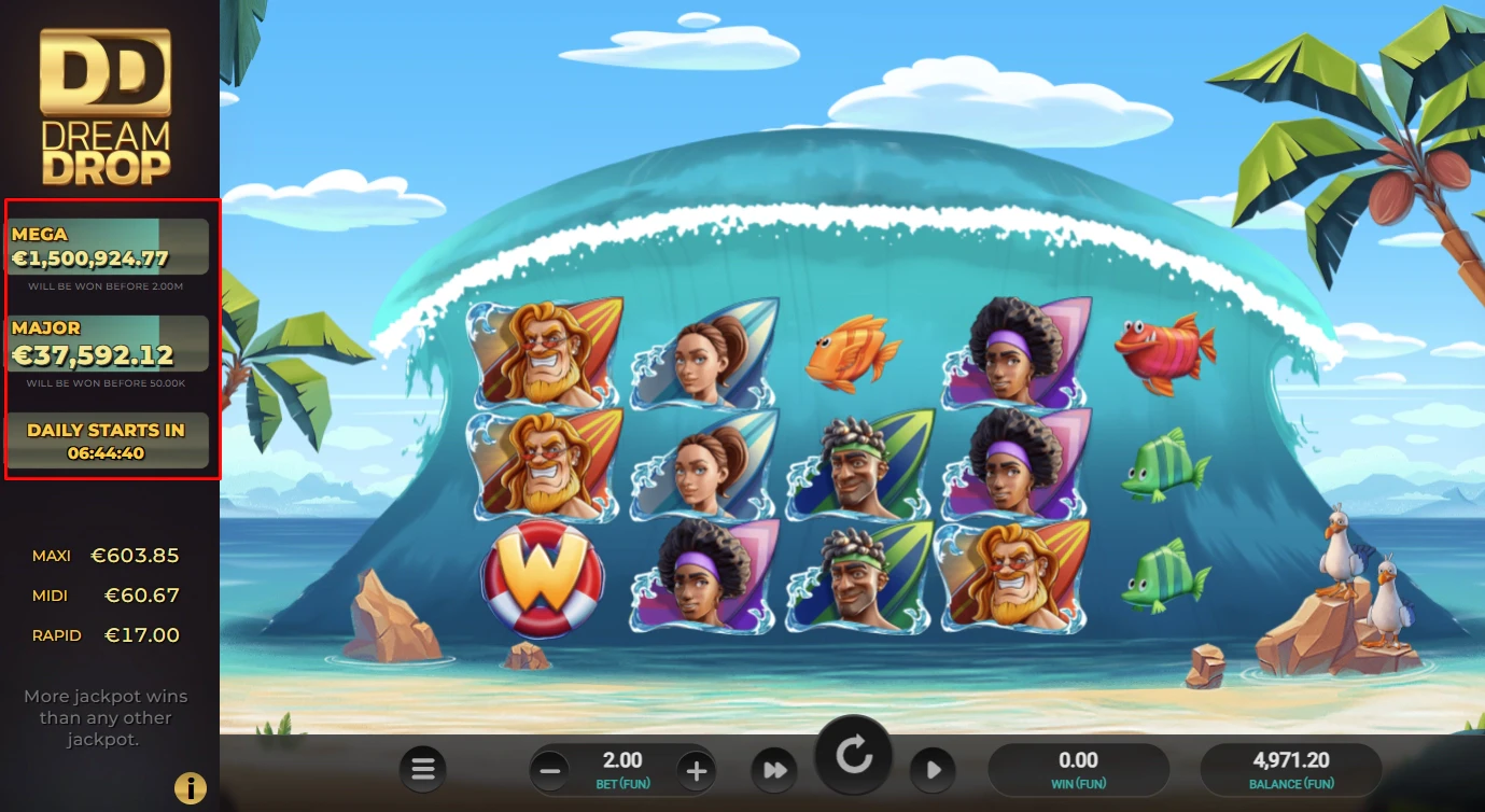 Jackpots in Cowabunga Dream Drop slot by Relax Gaming