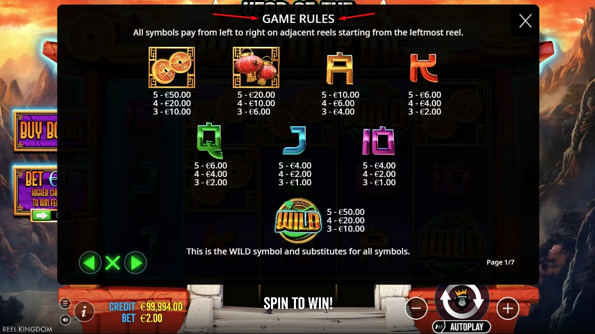 Paytable in Year of the Dragon King by Pragmatic Play