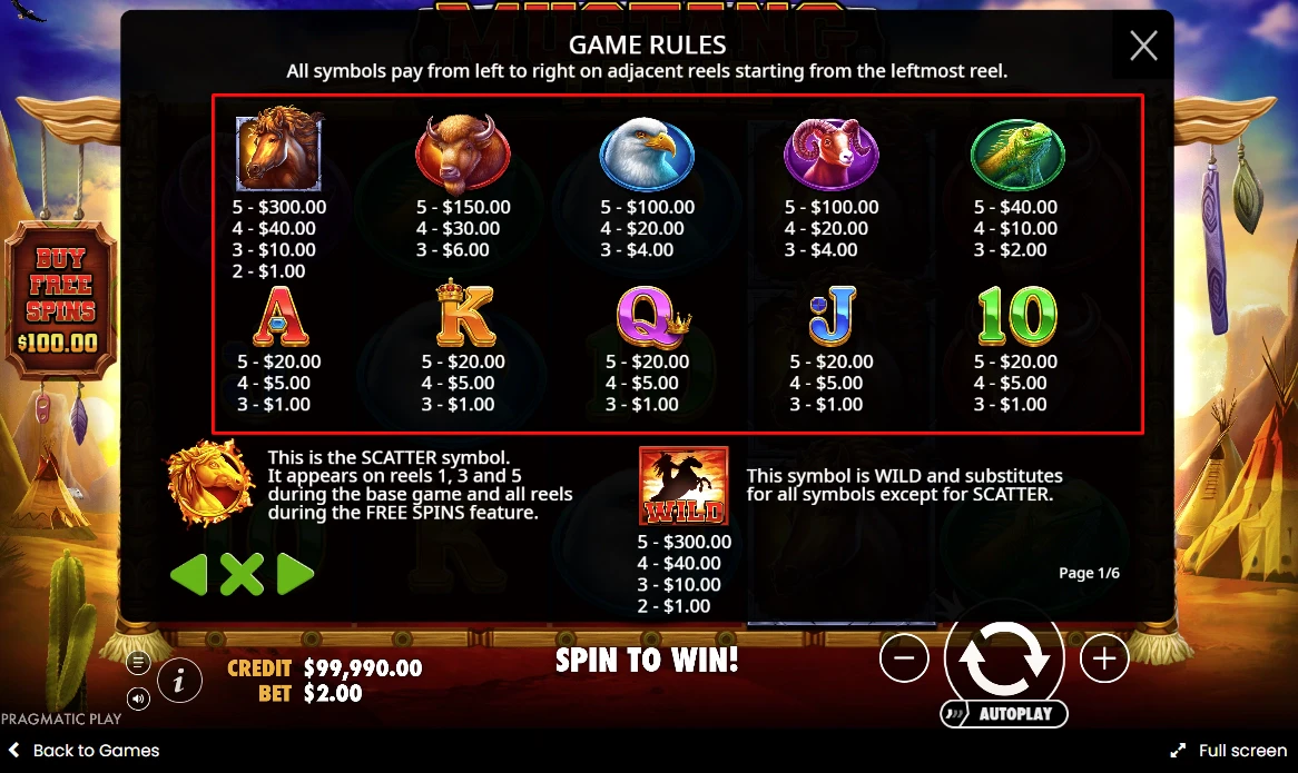 Symbols and Paytable in the Mustang Trail slot by Pragmatic Play