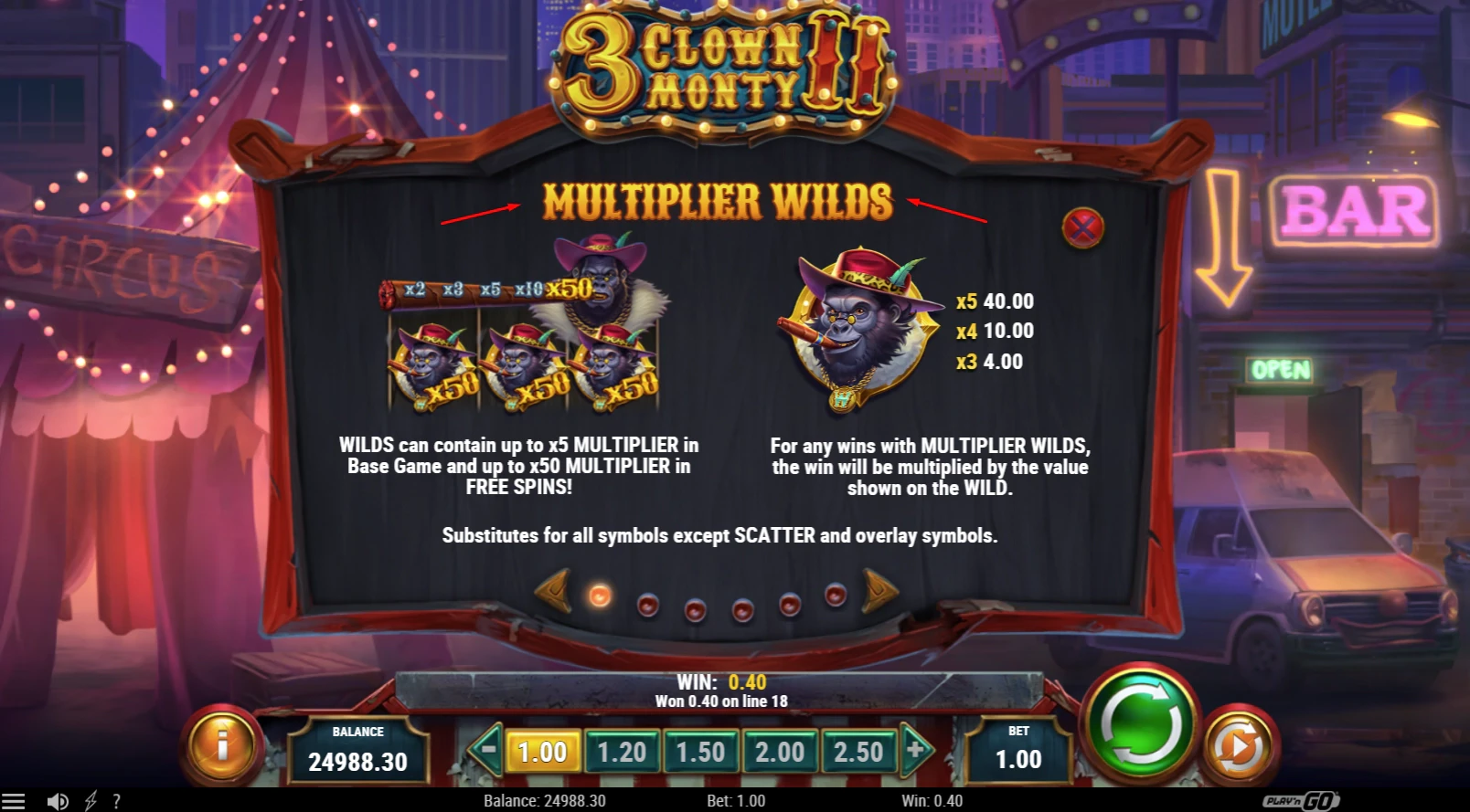 Multiplier Wilds in 3 Clown Monty II slot by Play'n GO