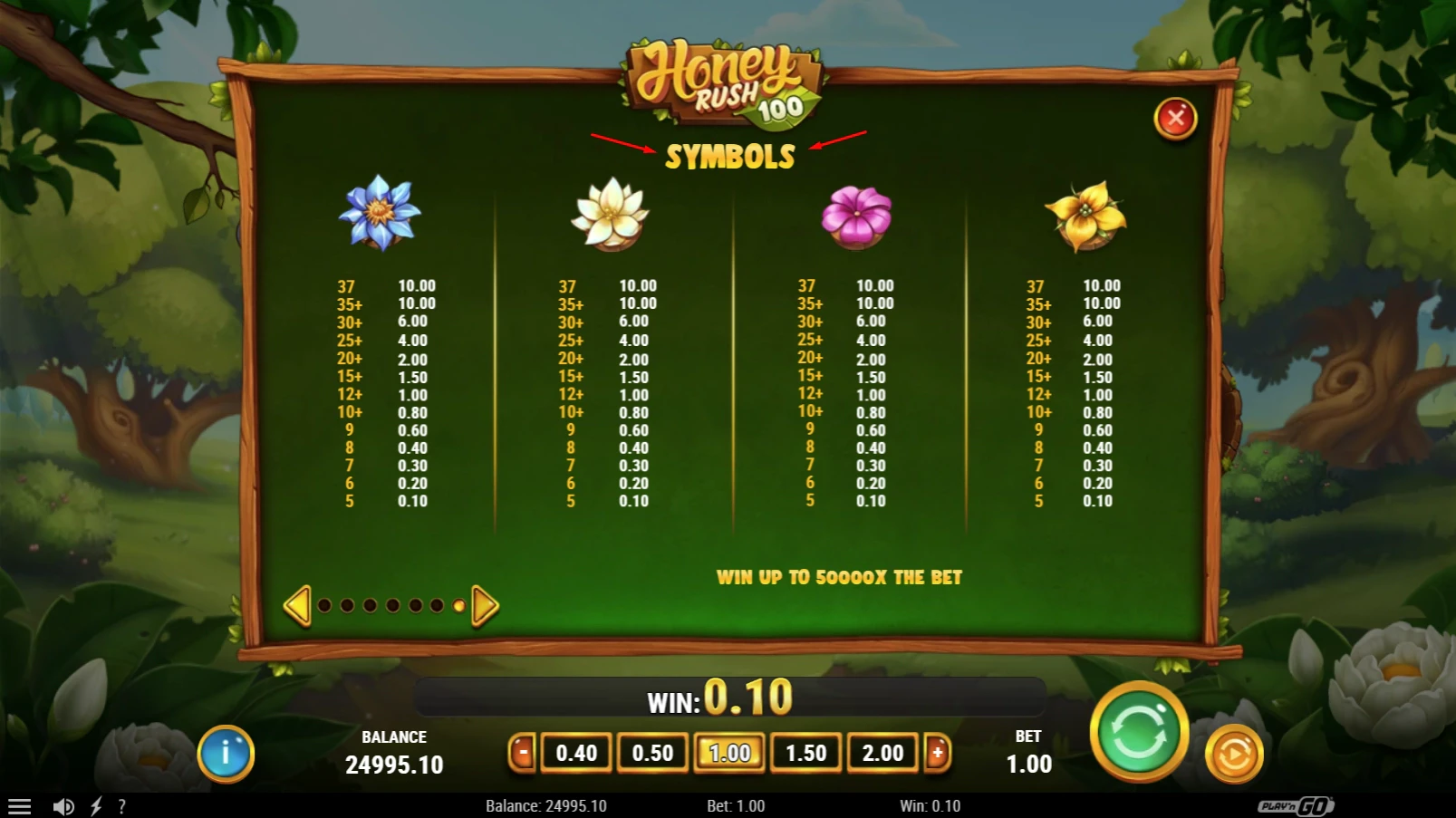 Symbols and Paytable in the Honey Rush 100 slot by Play'n GO