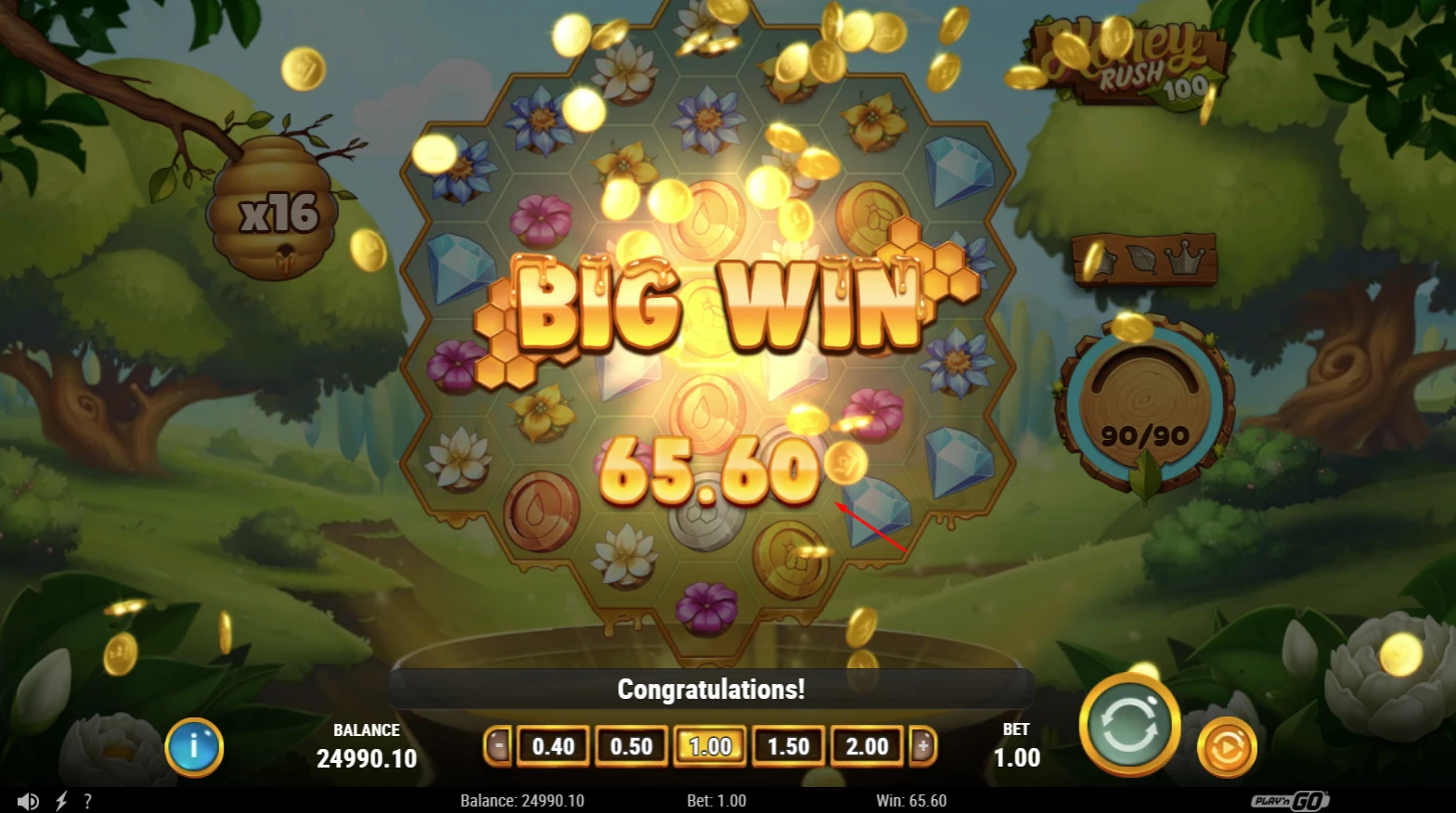 Big Win in the Honey Rush 100 slot by Play'n GO