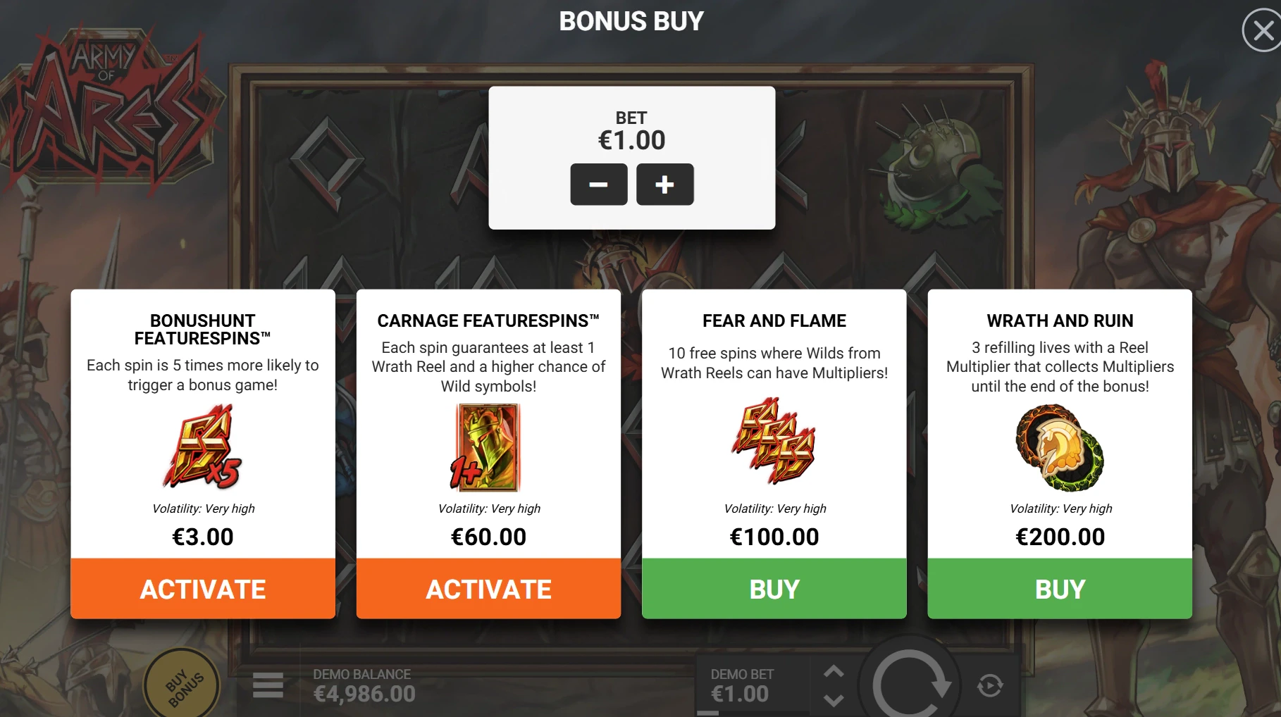 The Bonus Buy Options in Army of Ares by Hacksaw Gaming