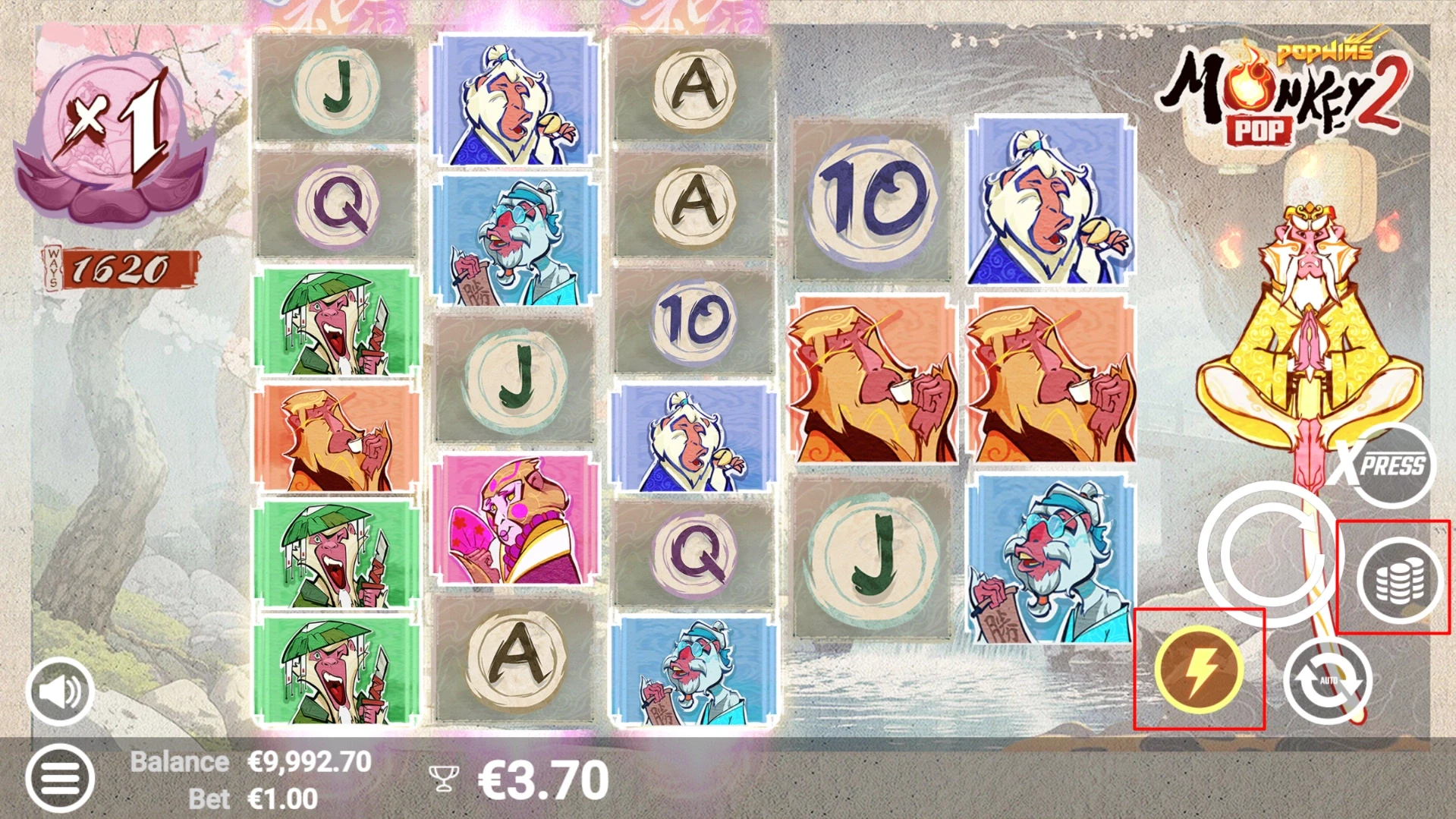 MonkeyPop 2 interface highlighting lightning speed option and current bet settings