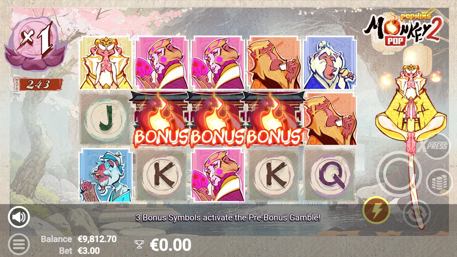 MonkeyPop 2 slot bonus round triggered by three distinct bonus symbols