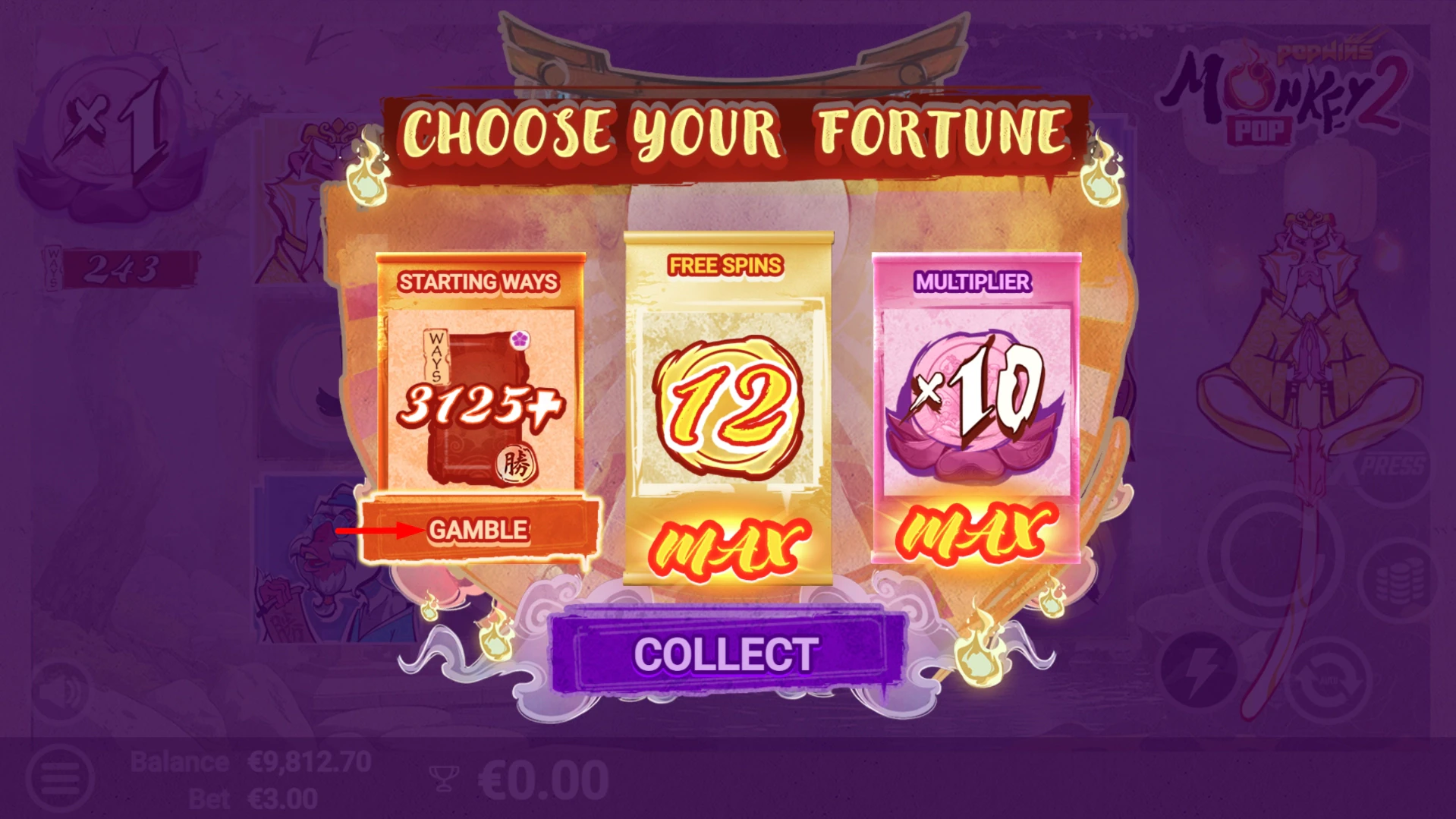 MonkeyPop 2 Choose Your Fortune page displaying the gamble starting ways