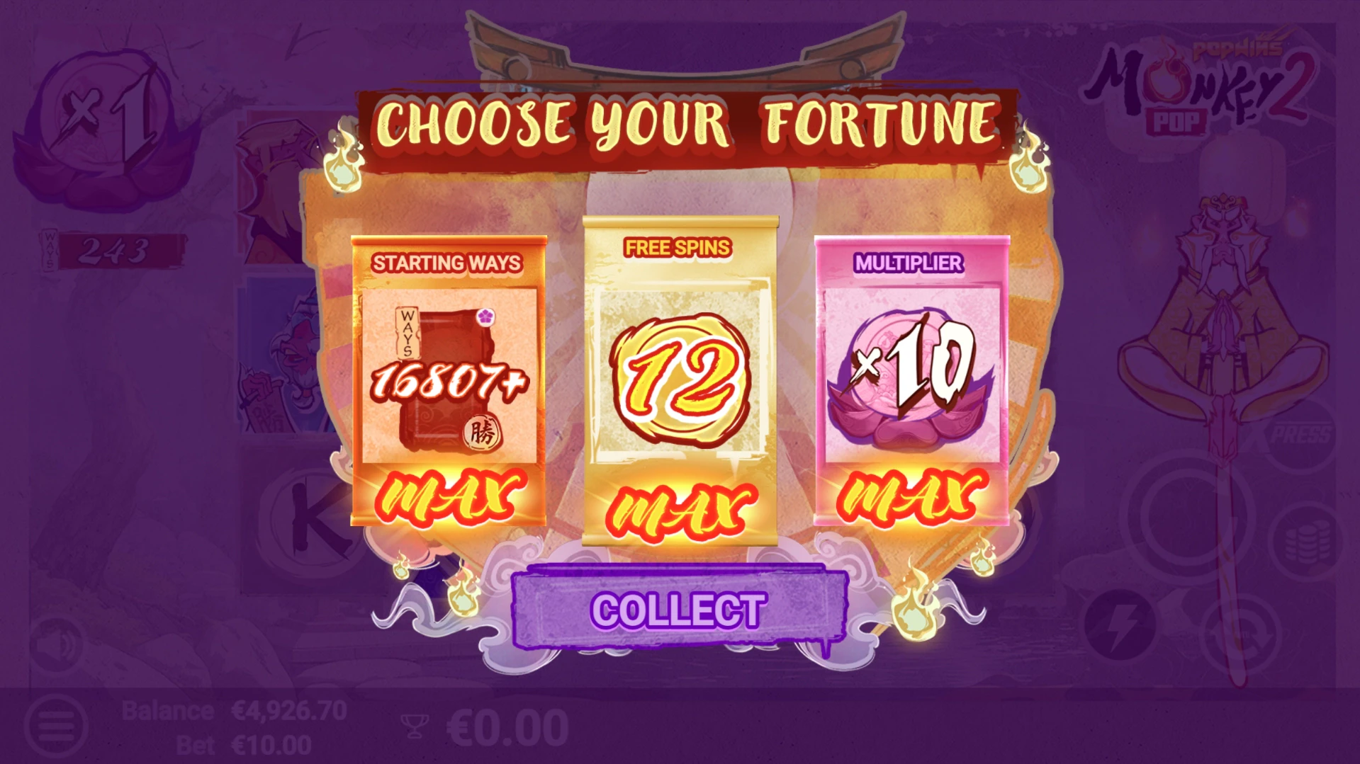 Choose Your Fortune screen in MonkeyPop 2 with fully maxed rolls