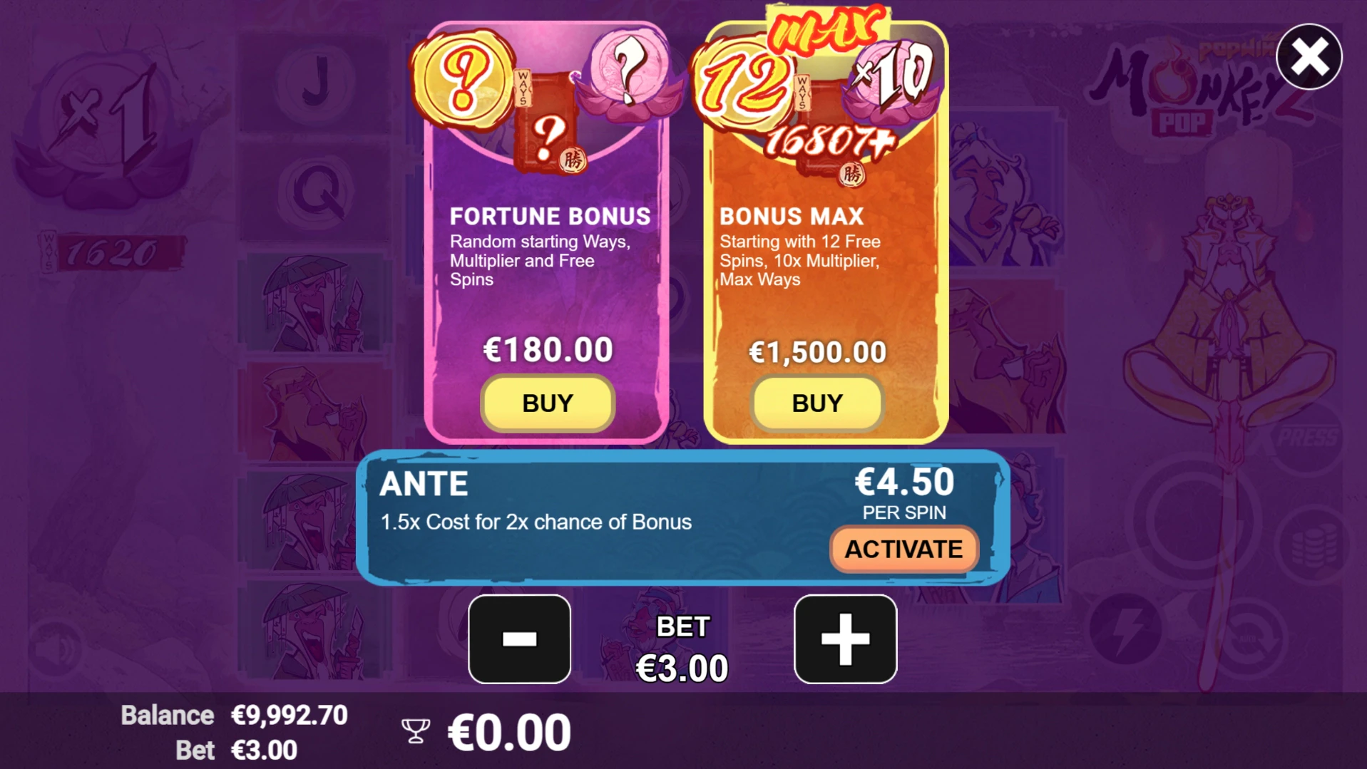 Xpress page in MonkeyPop 2 with bonus buy and ante options