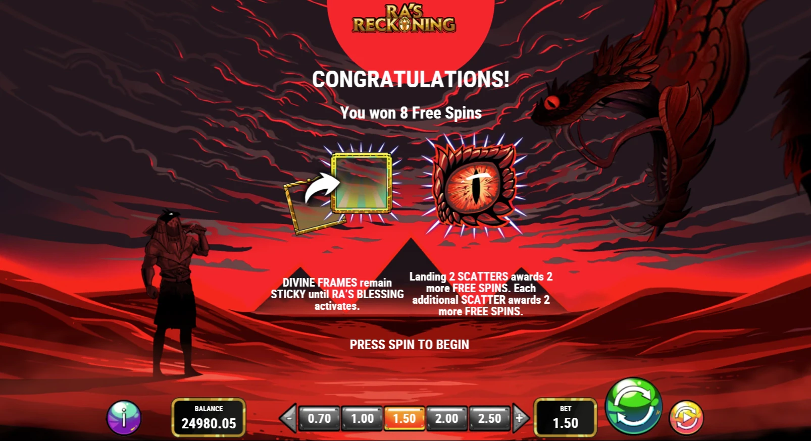 Bonus game free spins feature in the Ra's Reckoning Slot