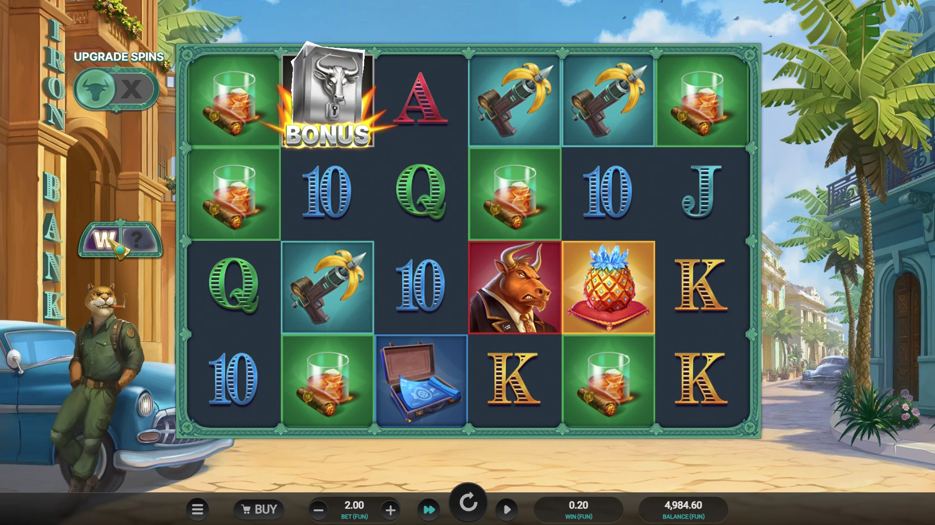 Iron Bank 2 - Reel layout with base game settings and betting panel