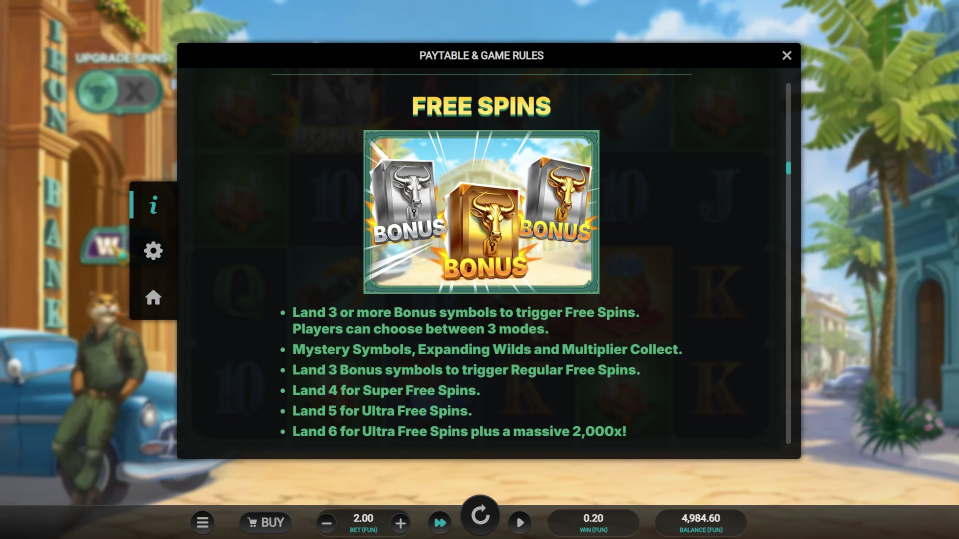Iron Bank 2 - Bonus Symbols explaining entry requirements for Free Spins Rounds