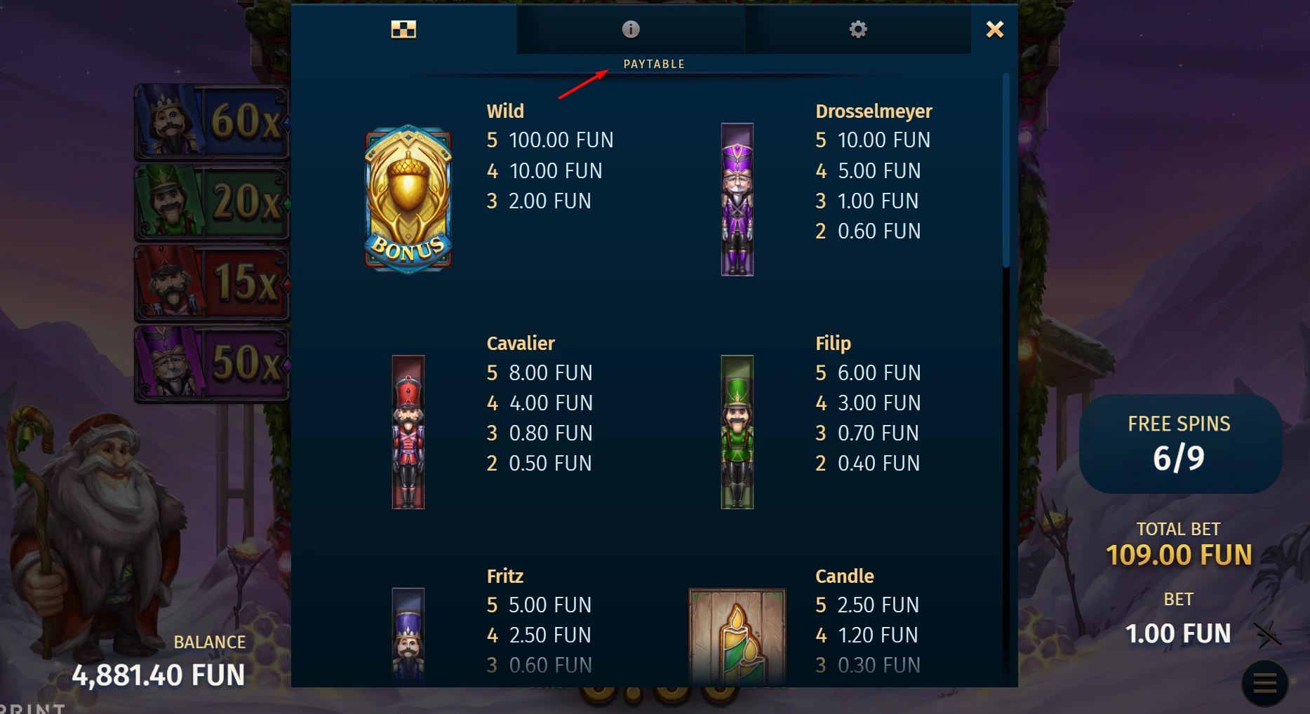 Paytable in the Big Stack Nutcrack slot by Print Studios